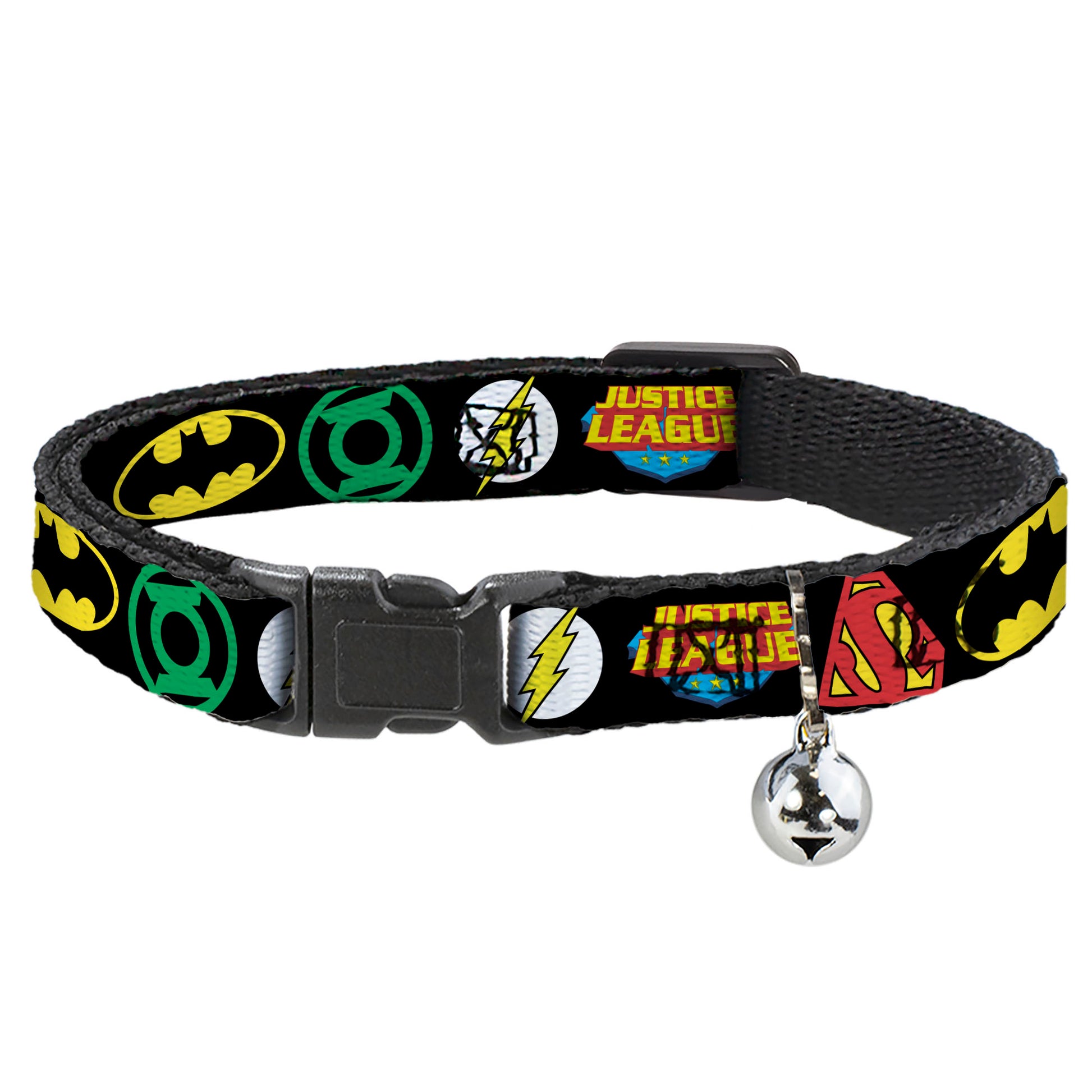 Cat Collar Breakaway - Justice League Superhero Logos CLOSE-UP Black Breakaway Cat Collars DC Comics
