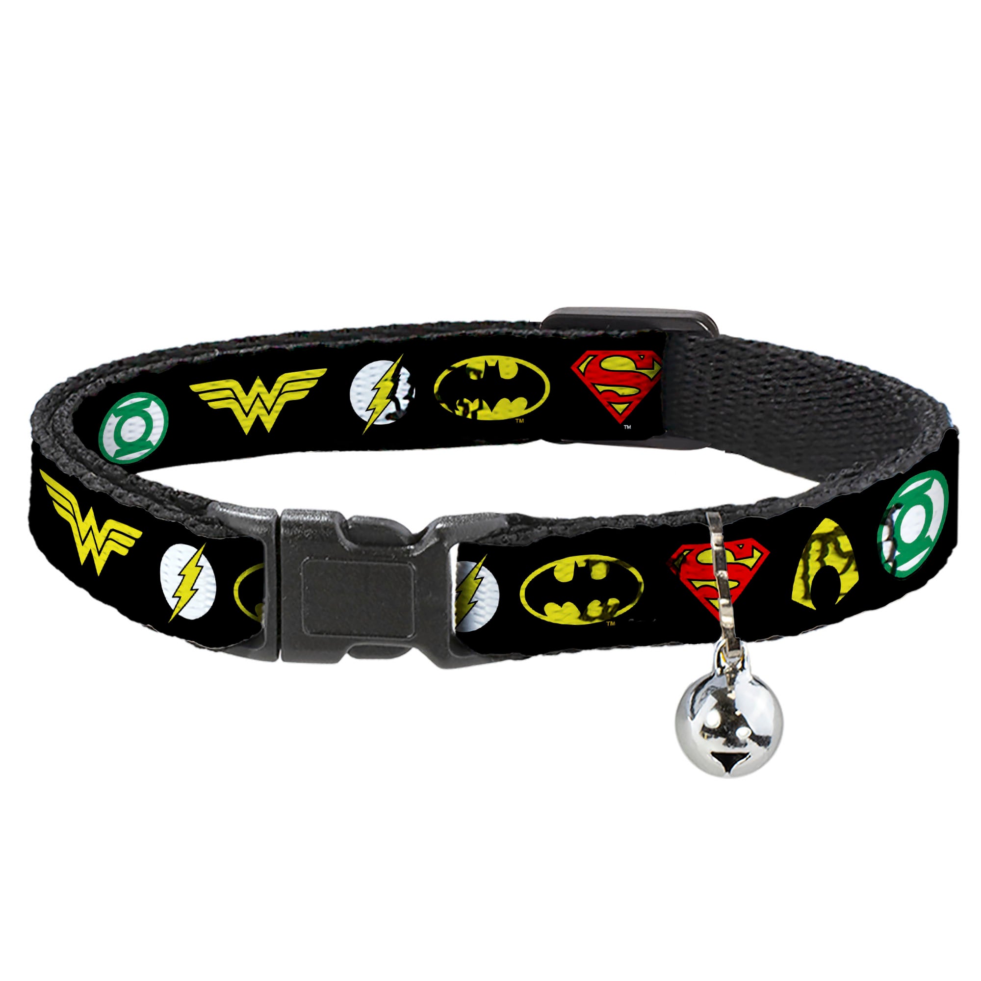 Cat Collar Breakaway - Justice League 6-Superhero Logos Black Breakaway Cat Collars DC Comics