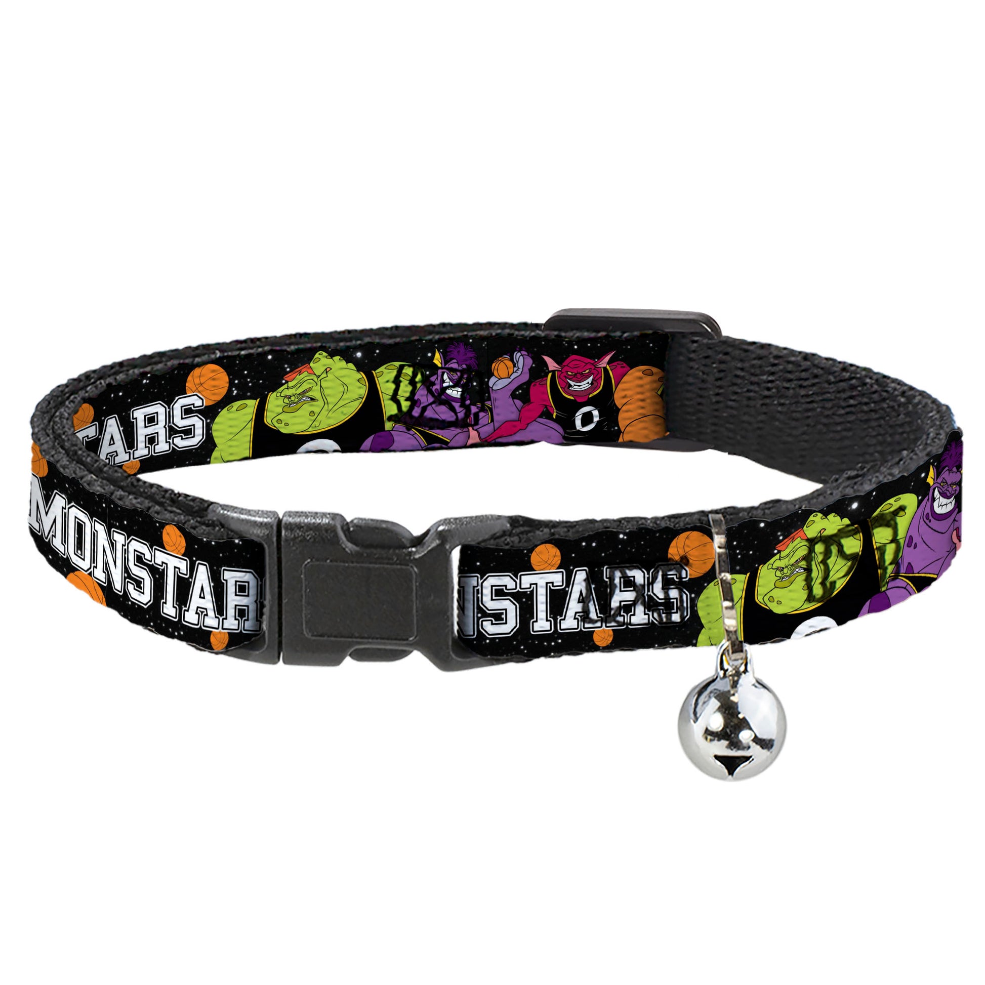 Cat Collar Breakaway with Bell - Space Jam MONSTARS 5-Player Group Pose Basketballs Galaxy Black White - NARROW Fits 8.5-12" Breakaway Cat Collars Looney Tunes