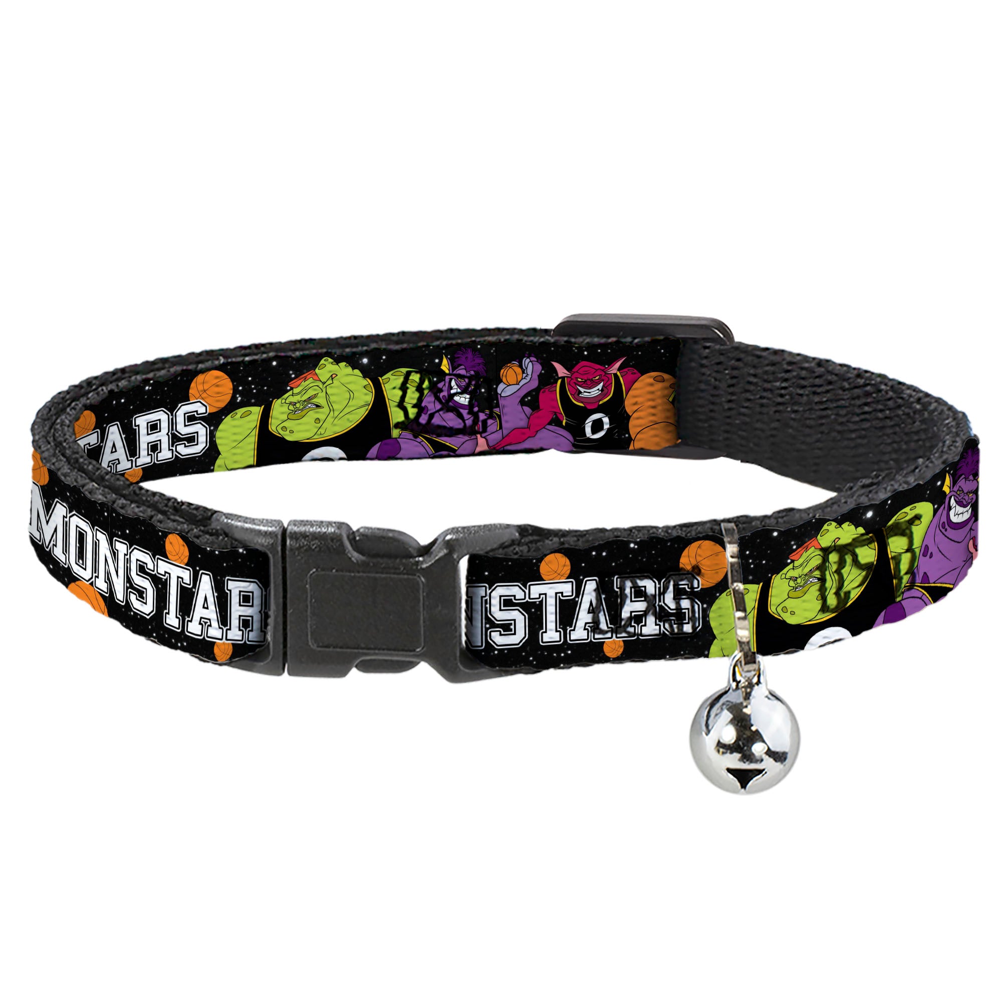 Cat Collar Breakaway with Bell - Space Jam MONSTARS 5-Player Group Pose Basketballs Galaxy Black White - NARROW Fits 8.5-12" Breakaway Cat Collars Looney Tunes