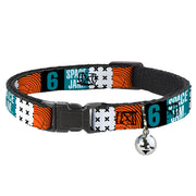 Cat Collar Breakaway with Bell - SPACE JAM Number 6 Blocks Black Turquoise White Red - NARROW Fits 8.5-12" Breakaway Cat Collars Looney Tunes