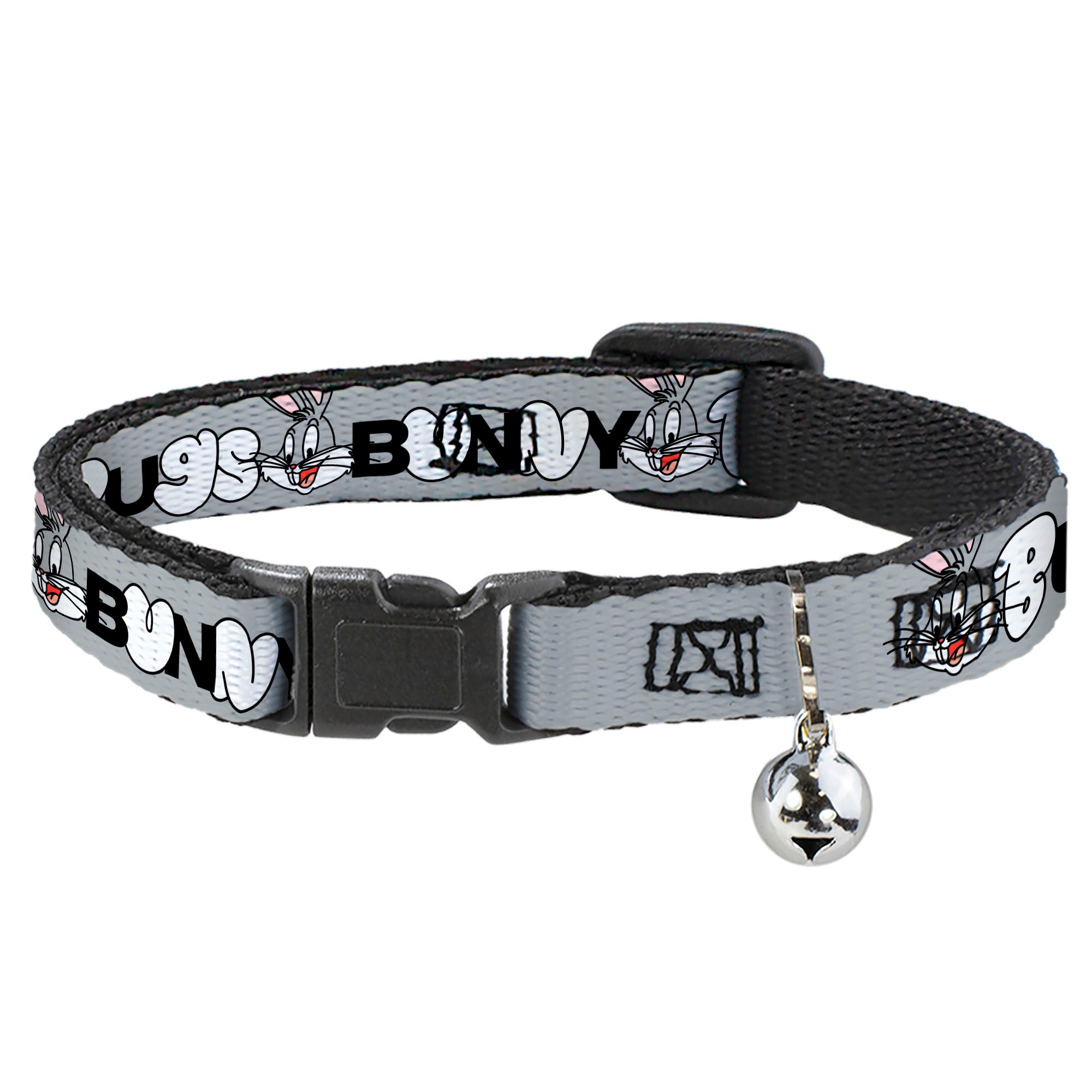 Breakaway Cat Collar with Bell - BUGS BUNNY Smiling Face Text Gray Breakaway Cat Collars Looney Tunes