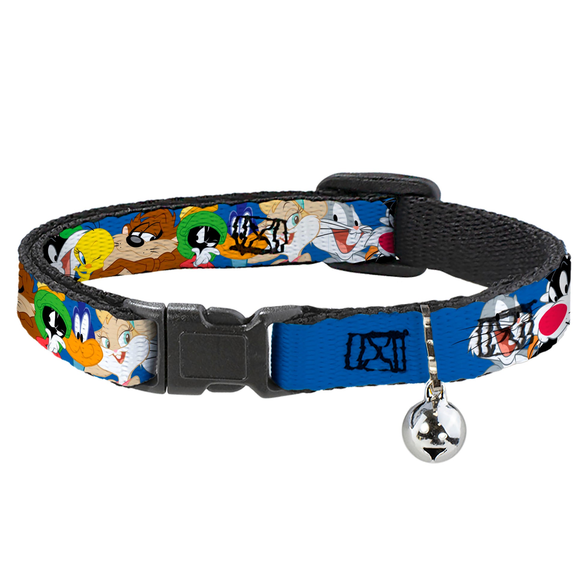 Breakaway Cat Collar with Bell - Looney Tunes Seven Character Faces Stacked Blue Breakaway Cat Collars Looney Tunes
