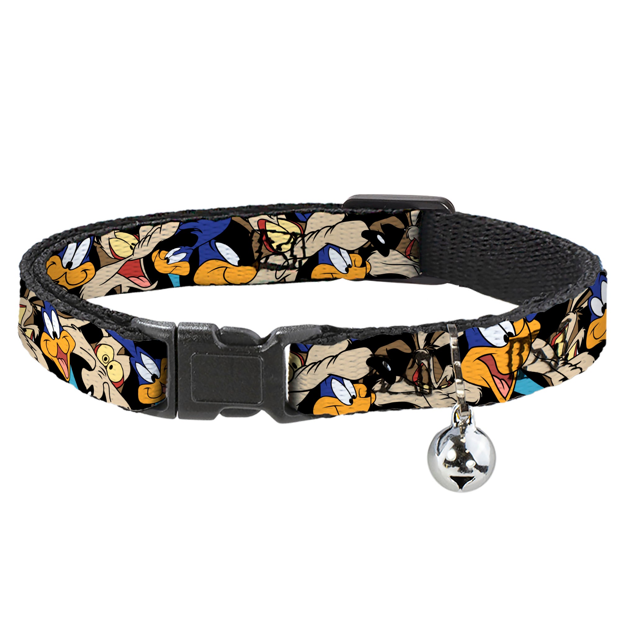 Breakaway Cat Collar with Bell - Road Runner/Wile E. Coyote Expressions Stacked Black Breakaway Cat Collars Looney Tunes