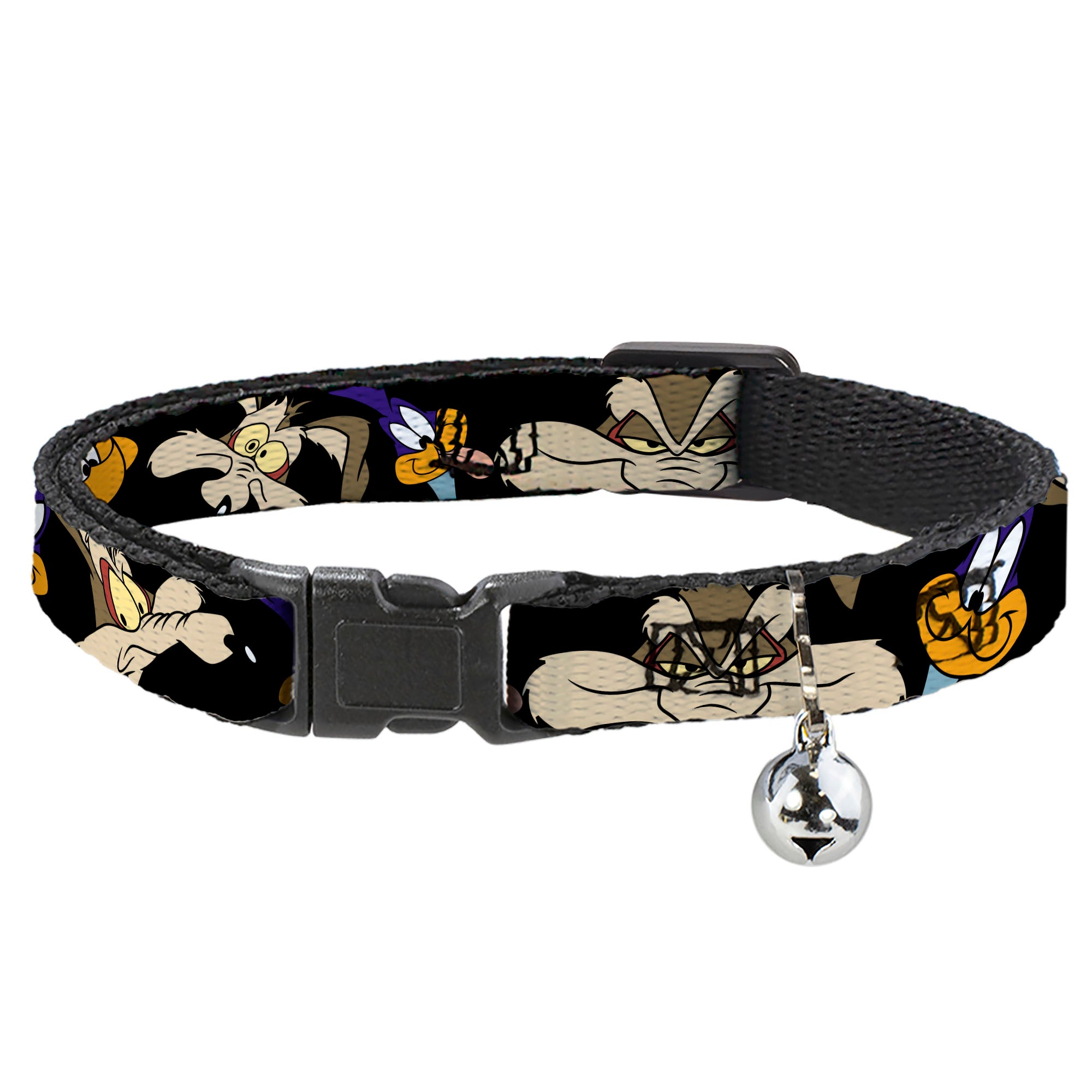 Breakaway Cat Collar with Bell - Road Runner/Wile E. Coyote Expressions CLOSE-UP Black Breakaway Cat Collars Looney Tunes