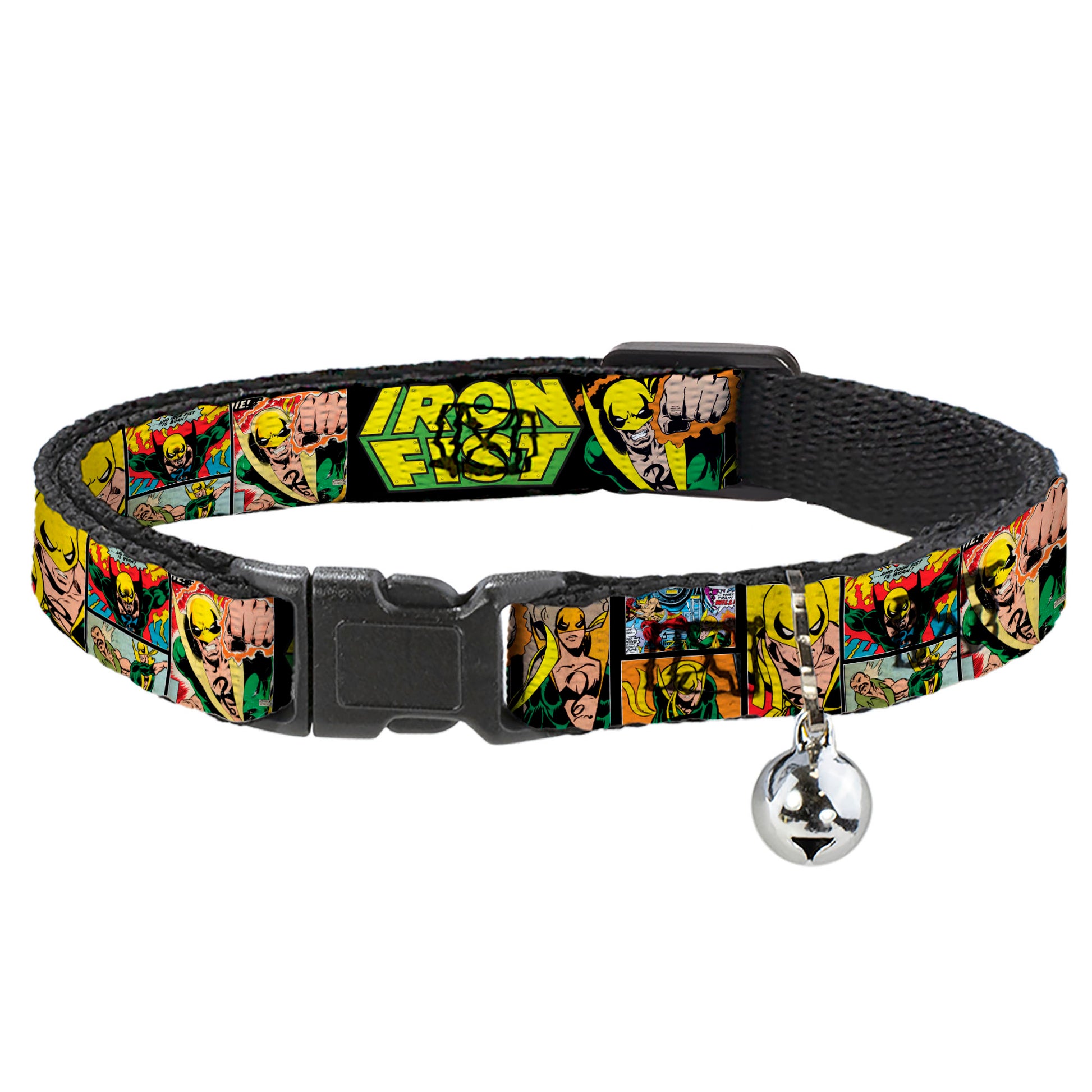 MARVEL COMICS Cat Collar Breakaway - Retro IRON FIST Action Pose Comic Scene Blocks Black Green Yellow Breakaway Cat Collars Marvel Comics