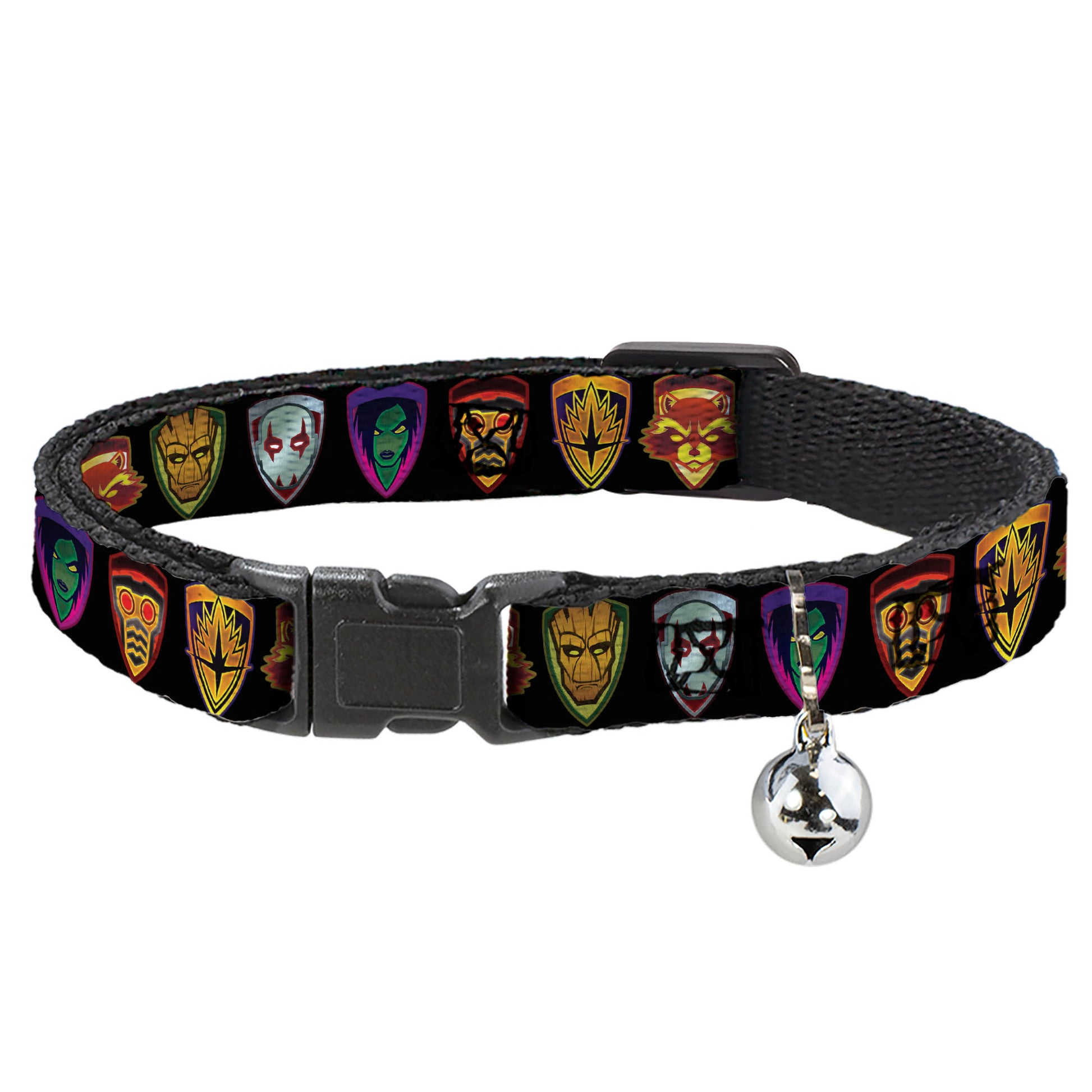 GUARDIANS OF THE GALAXY - EVERGREEN Cat Collar Breakaway - Guardians of the Galaxy Badge 5-Character Icons Black Multi Color Breakaway Cat Collars Marvel Comics