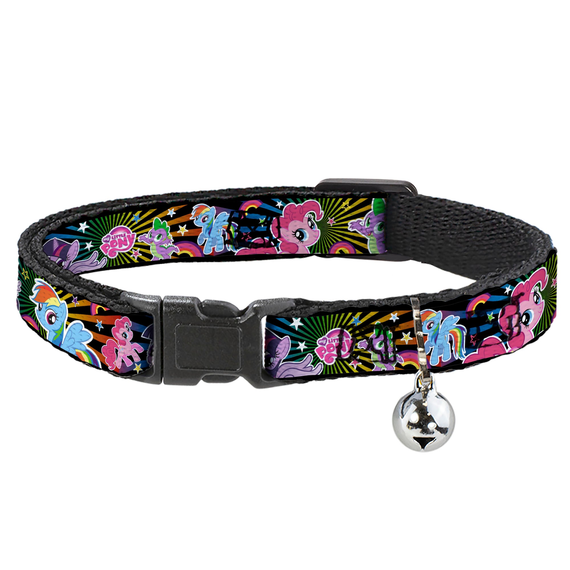 Breakaway Cat Collar with Bell - My Little Pony Three Ponies and Spike Sunburst Collage Black/Multi Color