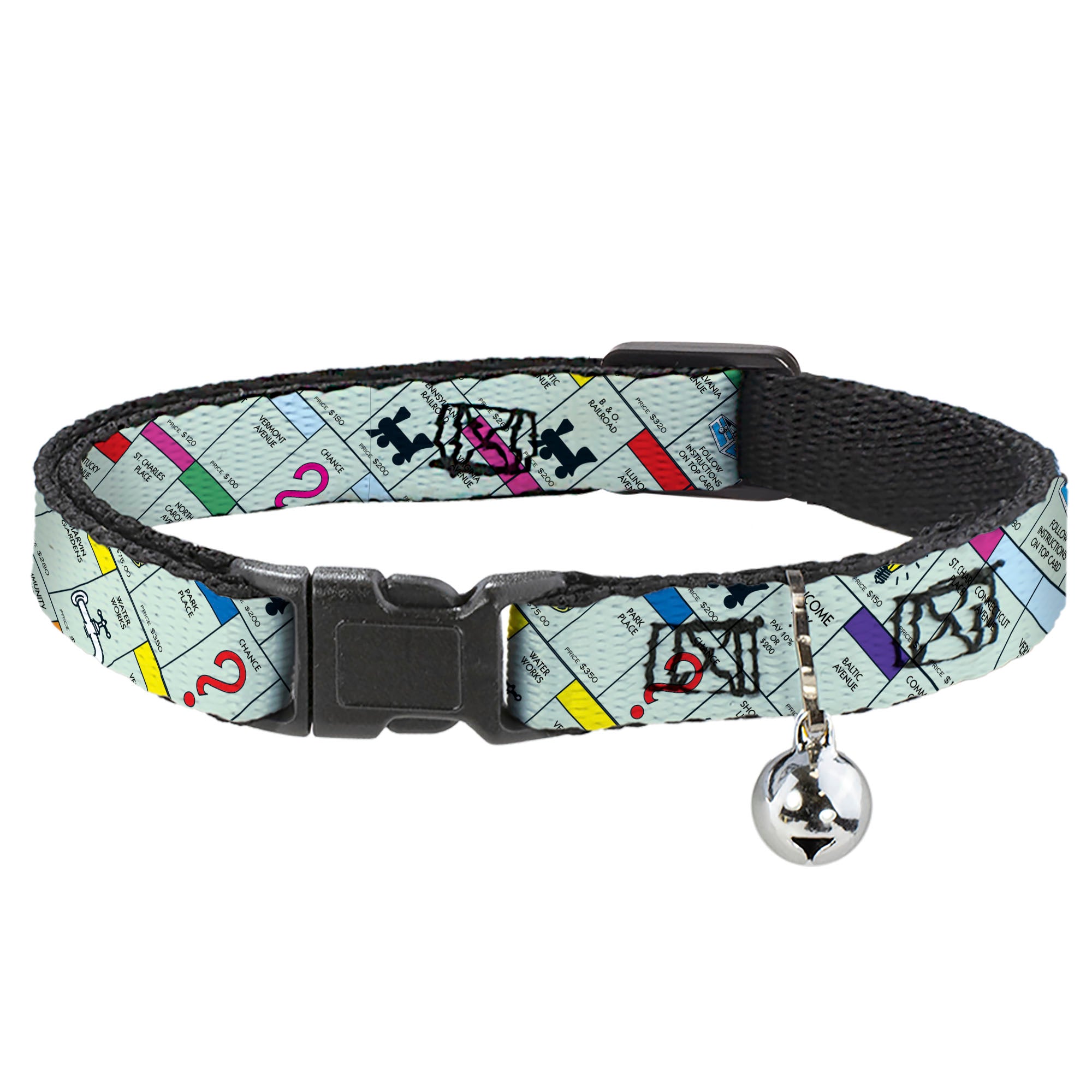 Breakaway Cat Collar with Bell - Monopoly Game Board Spaces Collage