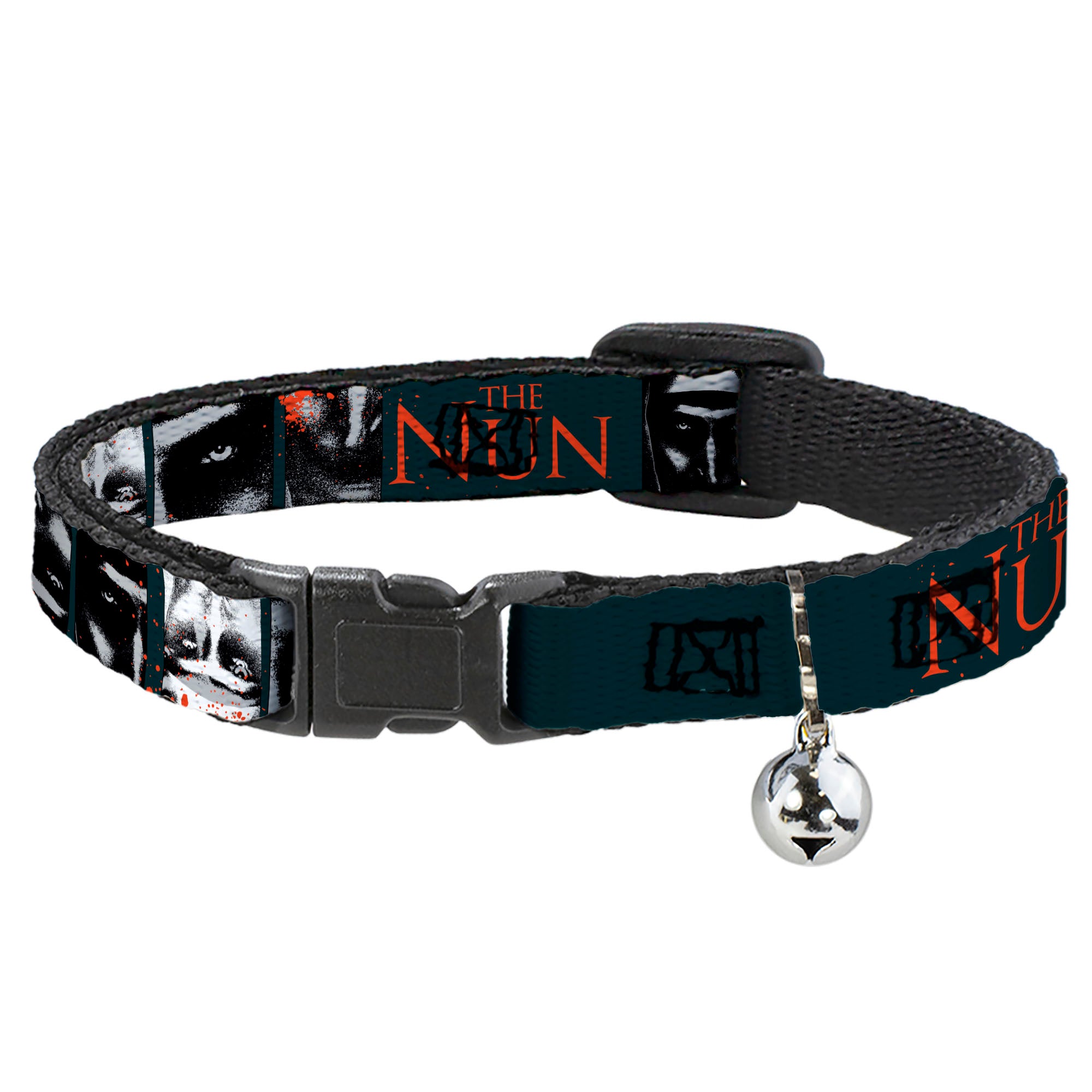 Breakaway Cat Collar with Bell - THE NUN Demon Nun Valak Pose Blocks and Title Logo Blue/Red/White Breakaway Cat Collars The Nun
