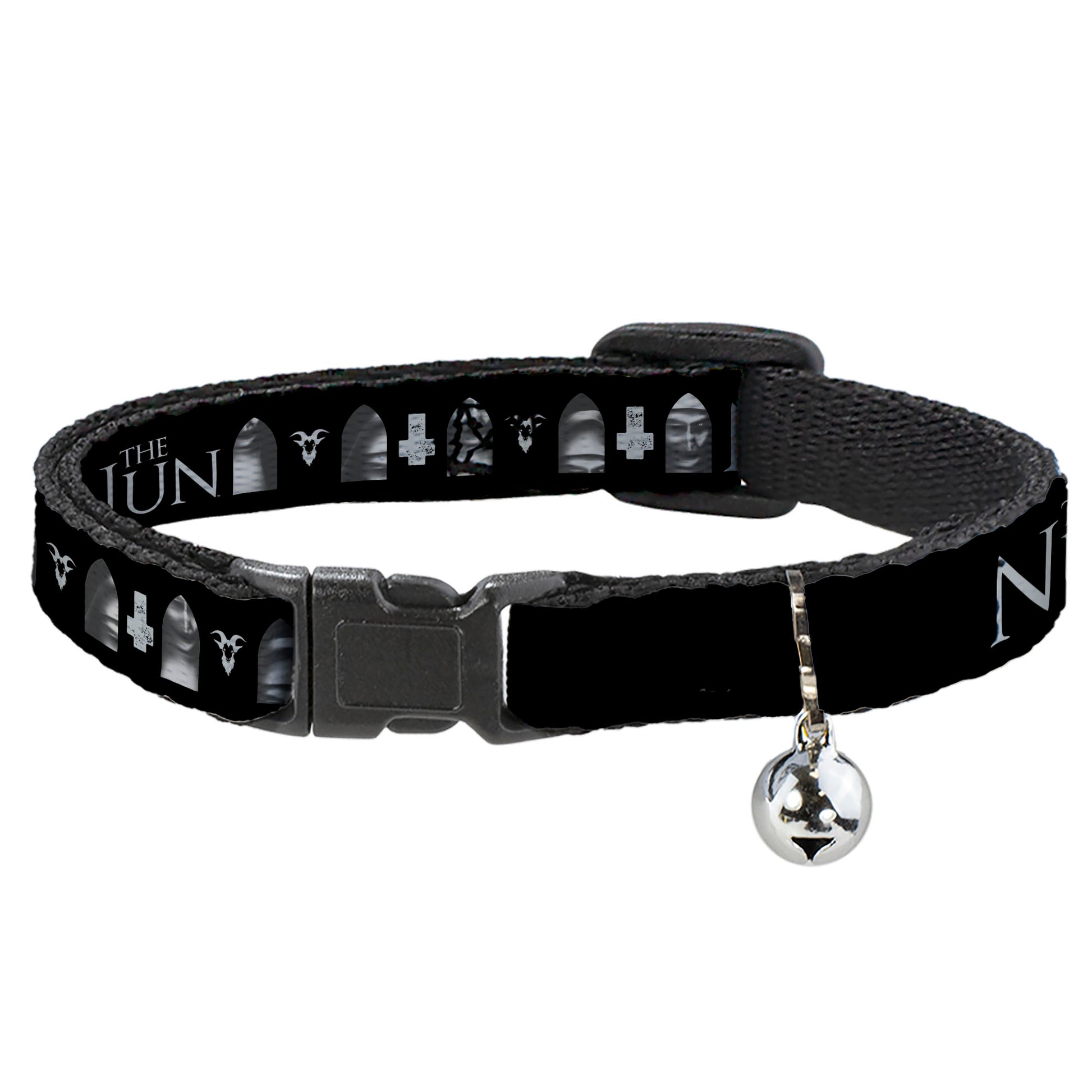 Breakaway Cat Collar with Bell - THE NUN Demon Nun Valak Face with Icons and Title Logo Black/Grays Breakaway Cat Collars The Nun