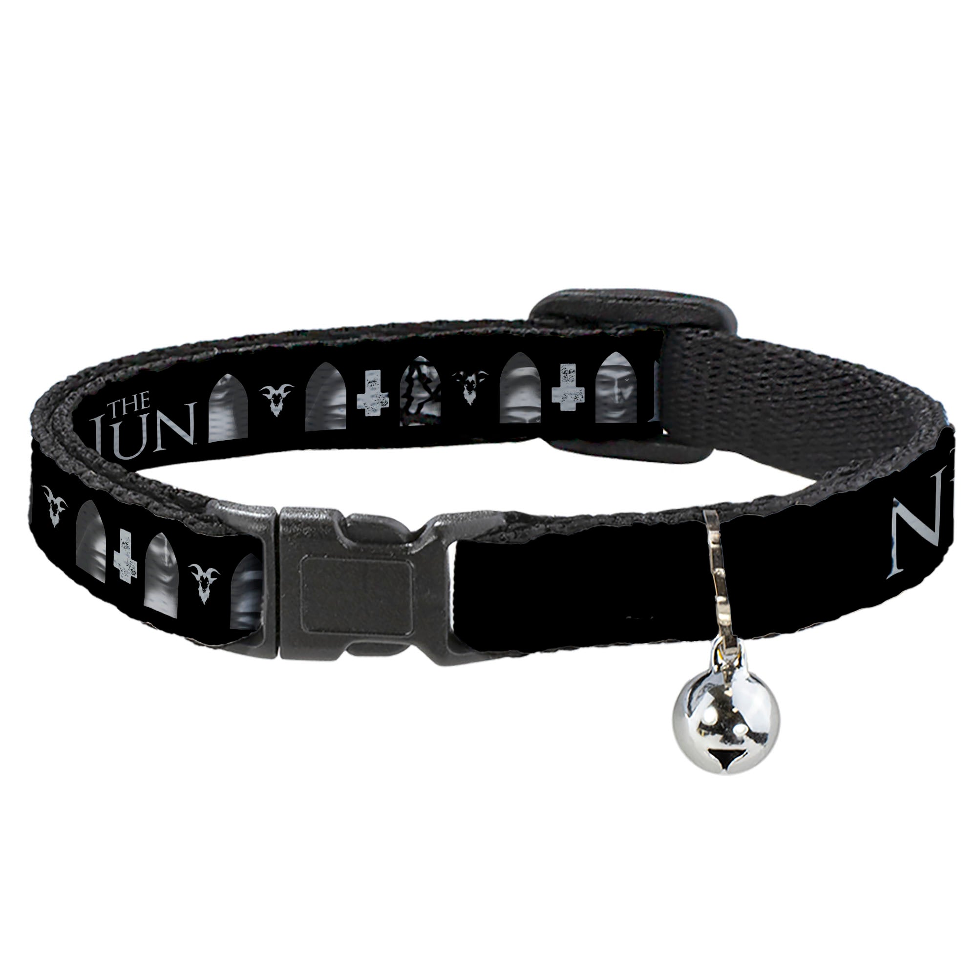 Breakaway Cat Collar with Bell - THE NUN Demon Nun Valak Face with Icons and Title Logo Black/Grays Breakaway Cat Collars The Nun