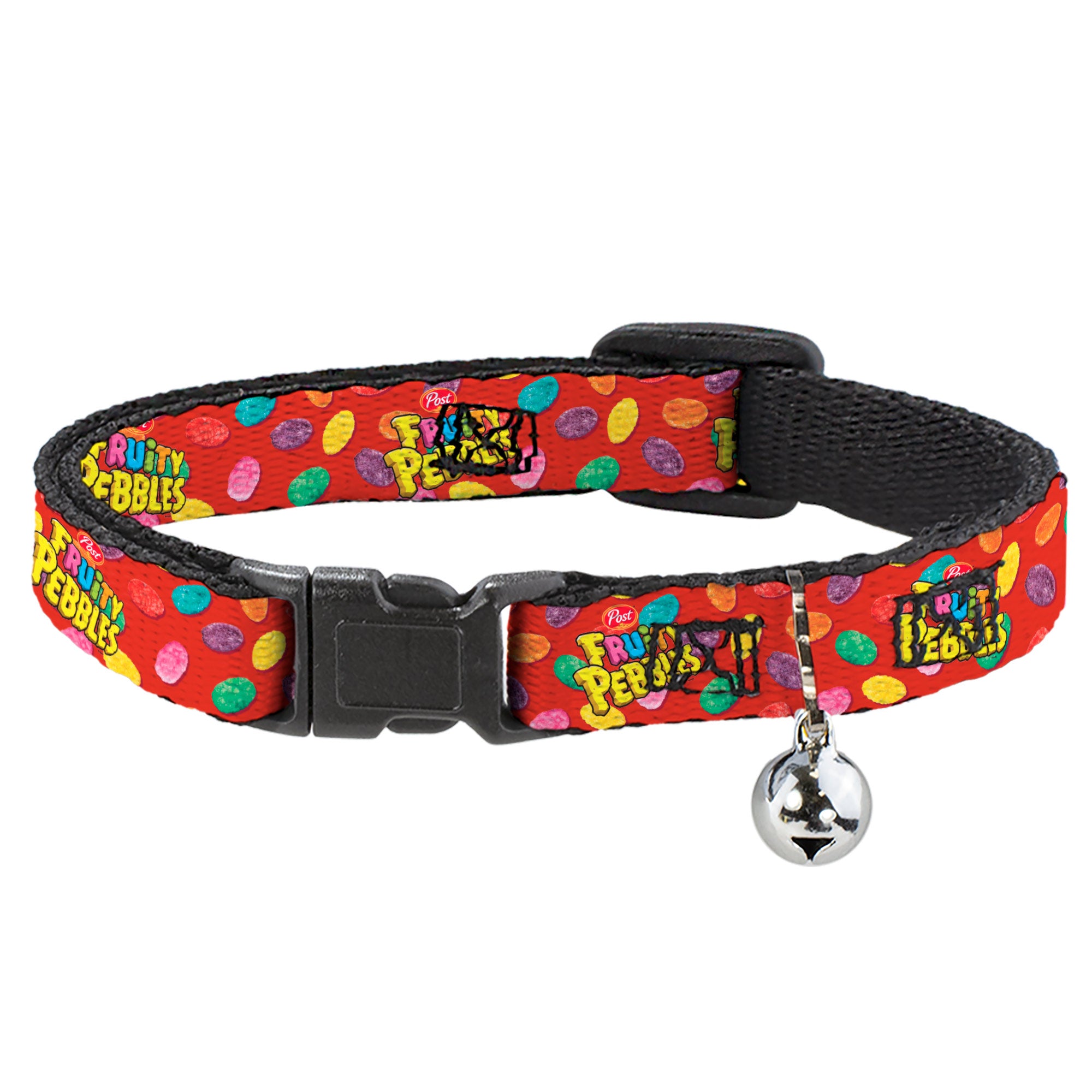 Breakaway Cat Collar with Bell - POST FRUITY PEBBLES Logo and Cereal Pebbles Scattered Red/Multi Color Breakaway Cat Collars The Flintstones   