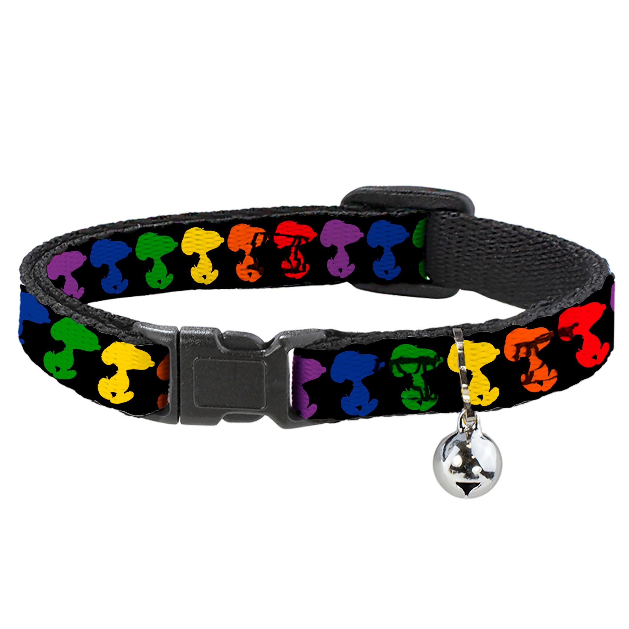 Breakaway Cat Collar with Bell - Peanuts Snoopy Silhoutte Pose Black/Rainbow Multi Color Breakaway Cat Collars Peanuts
