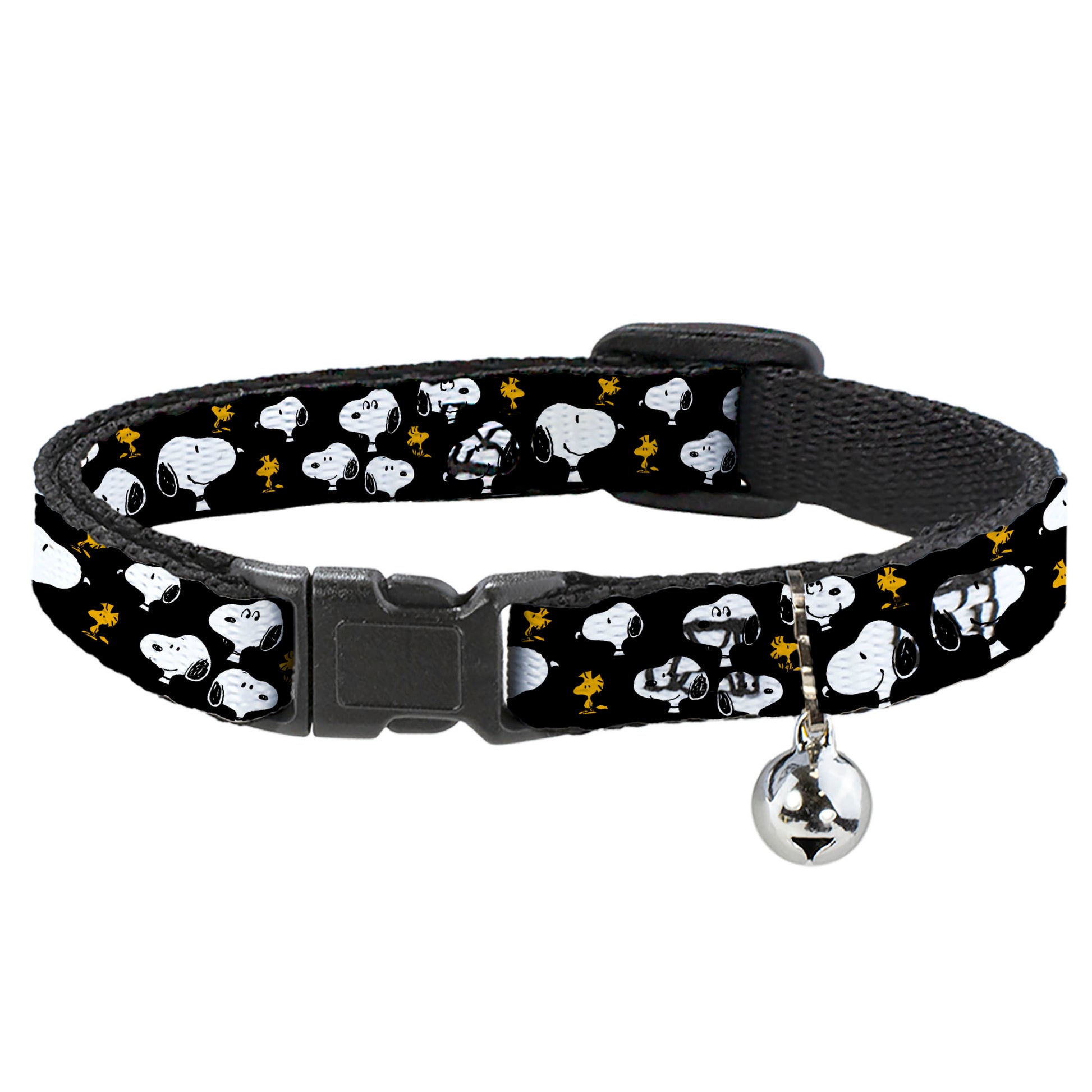 Breakaway Cat Collar with Bell - Peanuts Snoopy and Woodstock Poses Scattered Black Breakaway Cat Collars Peanuts