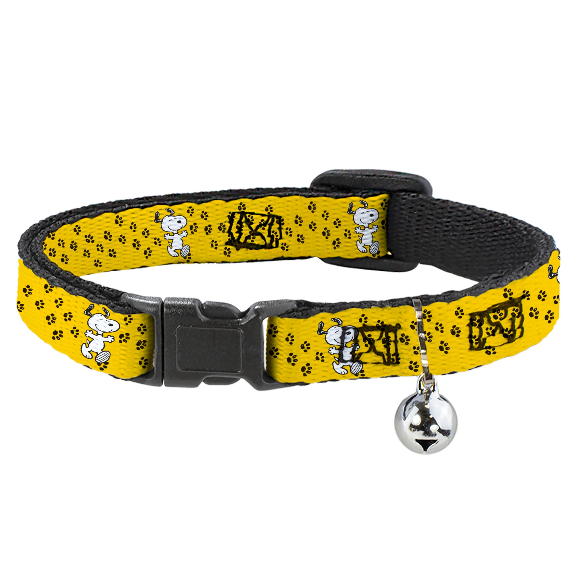 Breakaway Cat Collar with Bell - Peanuts Snoopy Smiling Pose/Paw Print Yellow/Black/White Breakaway Cat Collars Peanuts