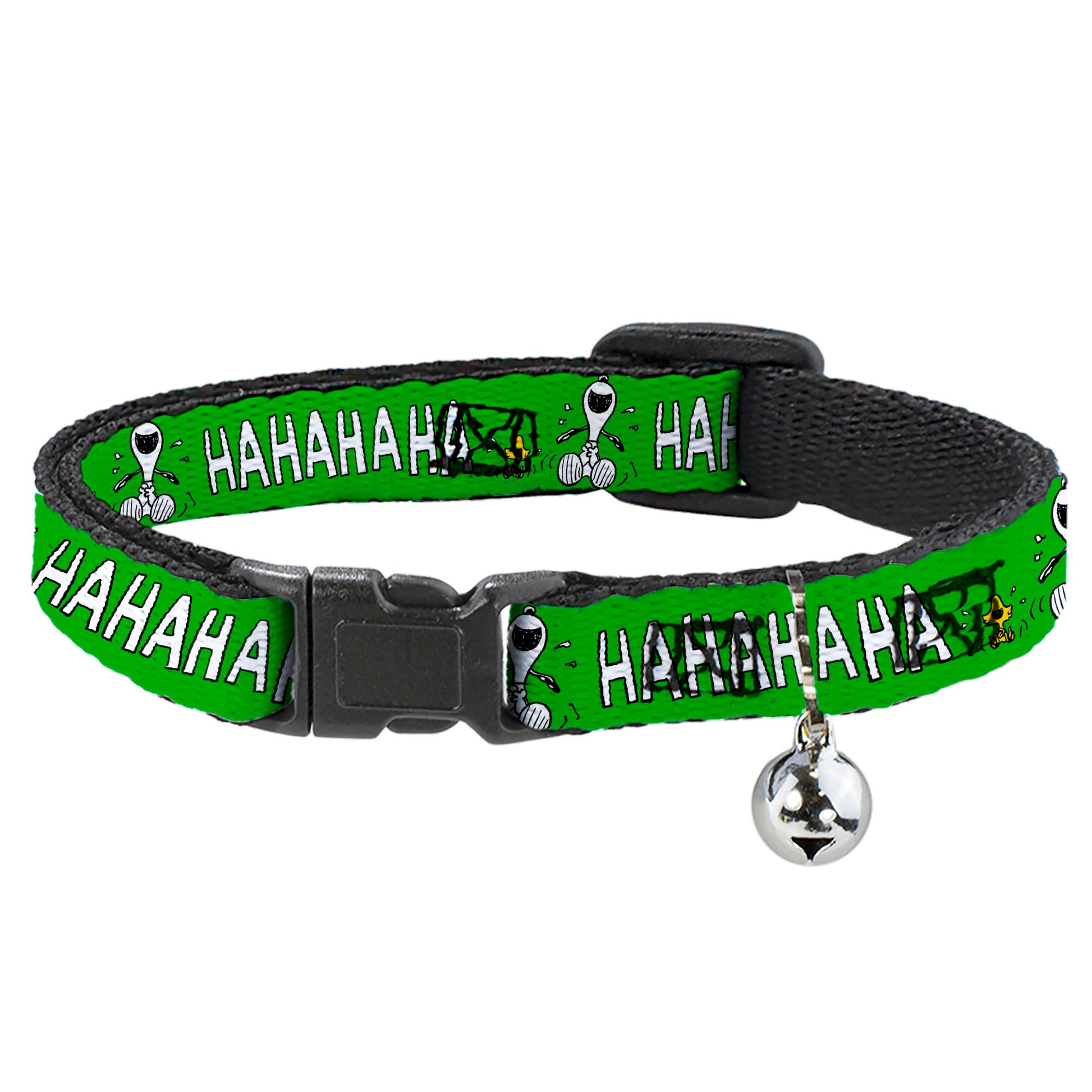 Breakaway Cat Collar with Bell - Peanuts Snoopy and Woodstock Laughing HAHA Pose Green Breakaway Cat Collars Peanuts