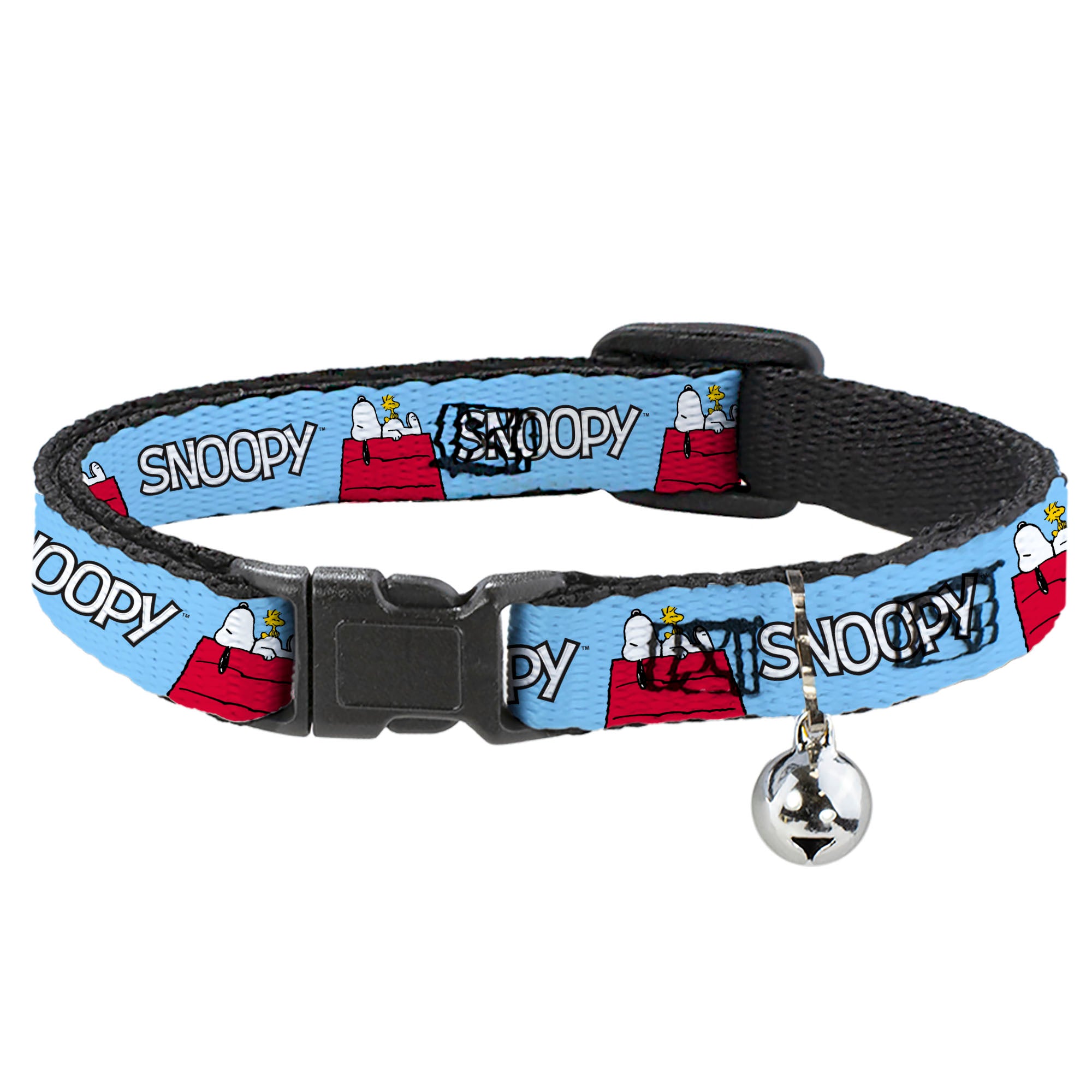 Breakaway Cat Collar with Bell - Peanuts Snoopy and Woodstock Dog House Pose and Text Sky Blue Breakaway Cat Collars Peanuts