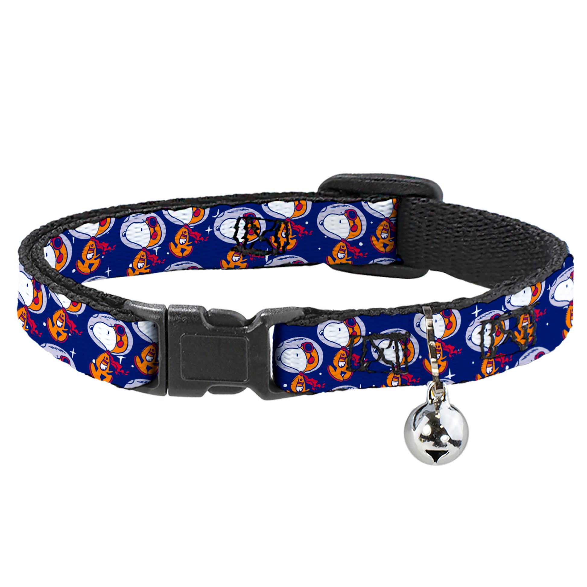 Breakaway Cat Collar with Bell - Peanuts Astronaut Snoopy Walking Pose Scattered Blue/Orange Breakaway Cat Collars Peanuts