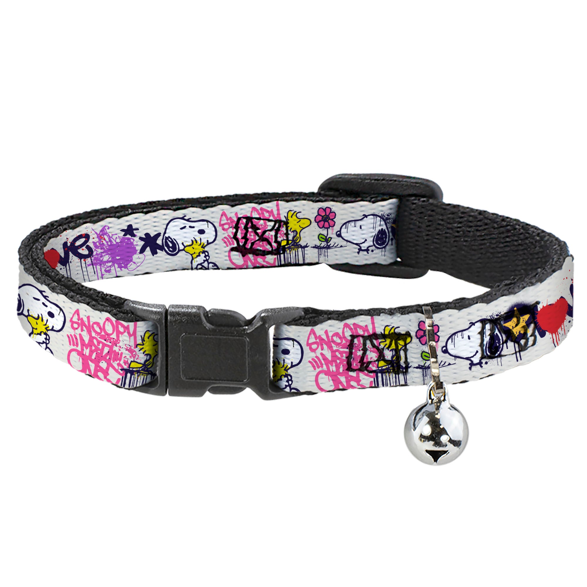 Breakaway Cat Collar with Bell - Peanuts Snoopy and Woodstock Graffiti Collage White/Multi Color Breakaway Cat Collars Peanuts