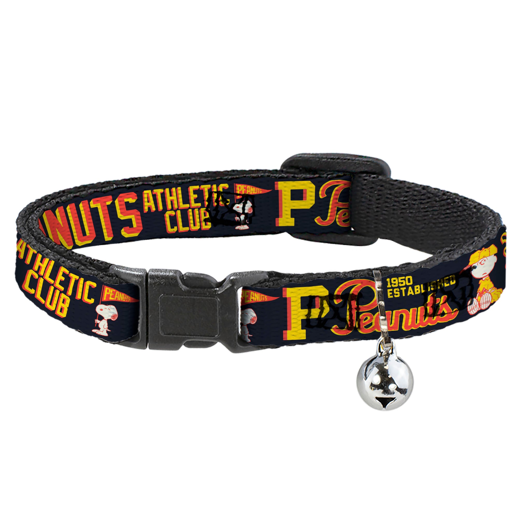 Breakaway Cat Collar with Bell - PEANUTS ATHLETIC CLUB Varsity Poses and Quotes Collage Black/Red/Yellow Breakaway Cat Collars Peanuts