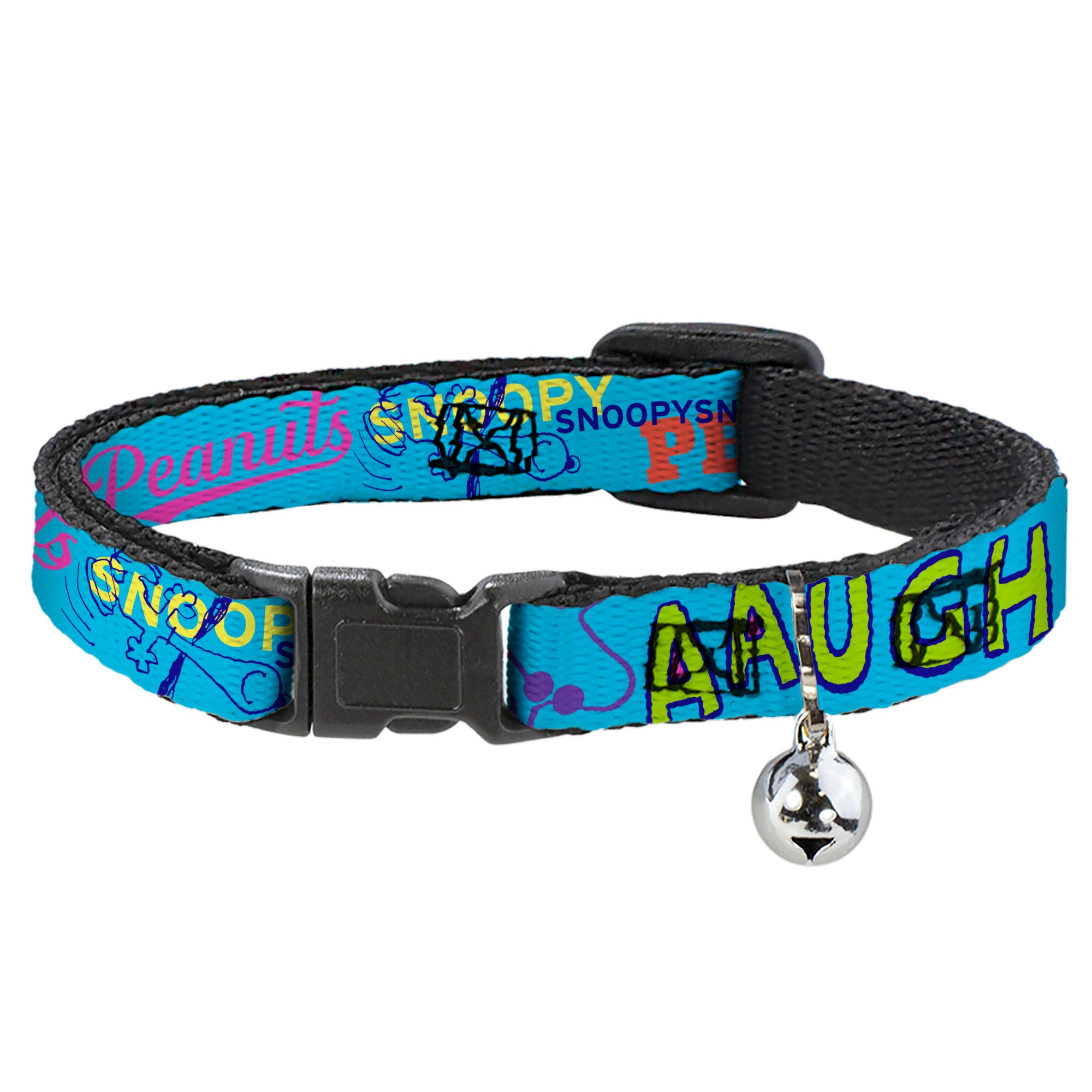 Breakaway Cat Collar with Bell - PEANUTS Charlie Brown Snoopy and Woodstock Typography Collage Blue/Multi Color Breakaway Cat Collars Peanuts