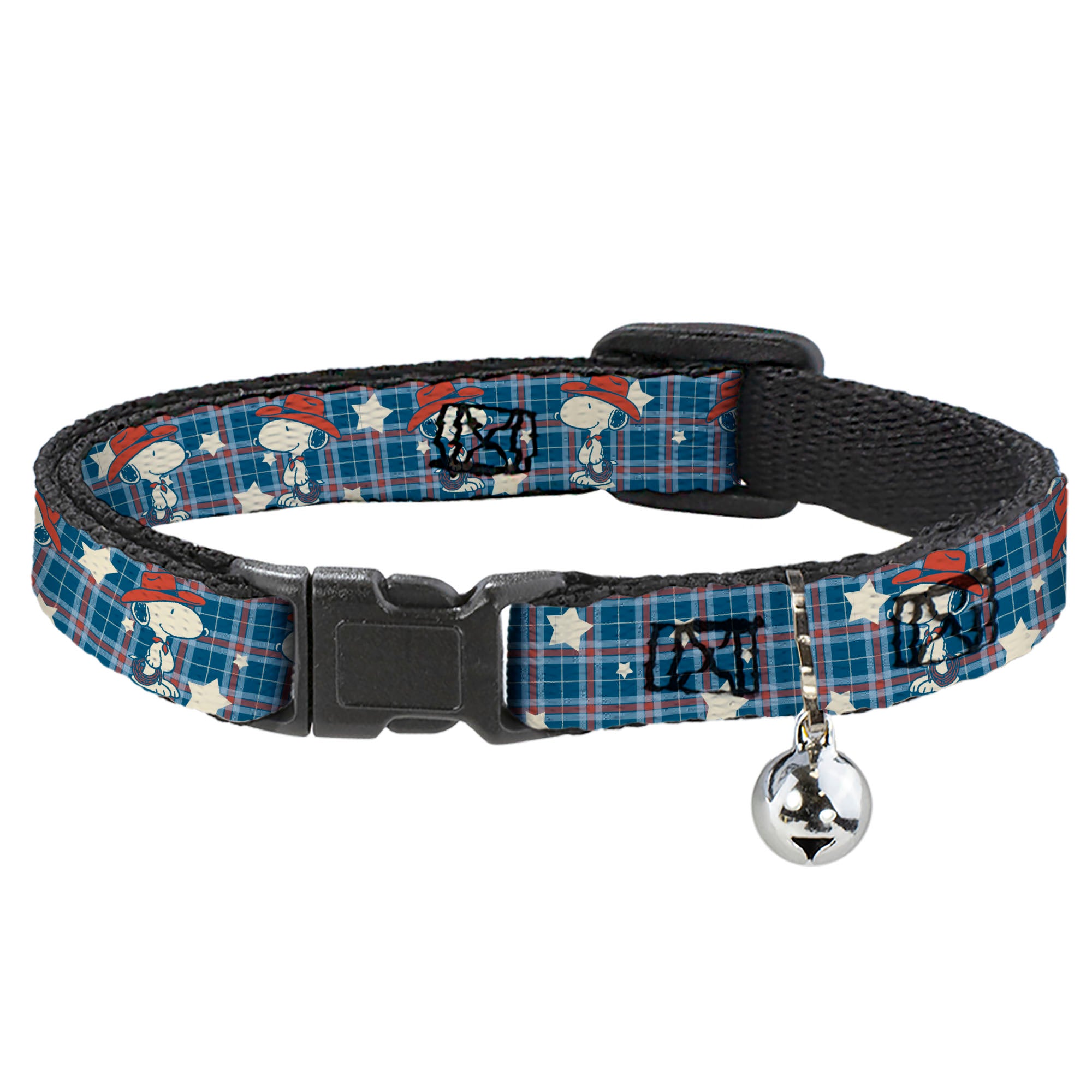 Breakaway Cat Collar with Bell - Peanuts Cowboy Snoopy Americana Plaid Blues/White/Reds Breakaway Cat Collars Peanuts