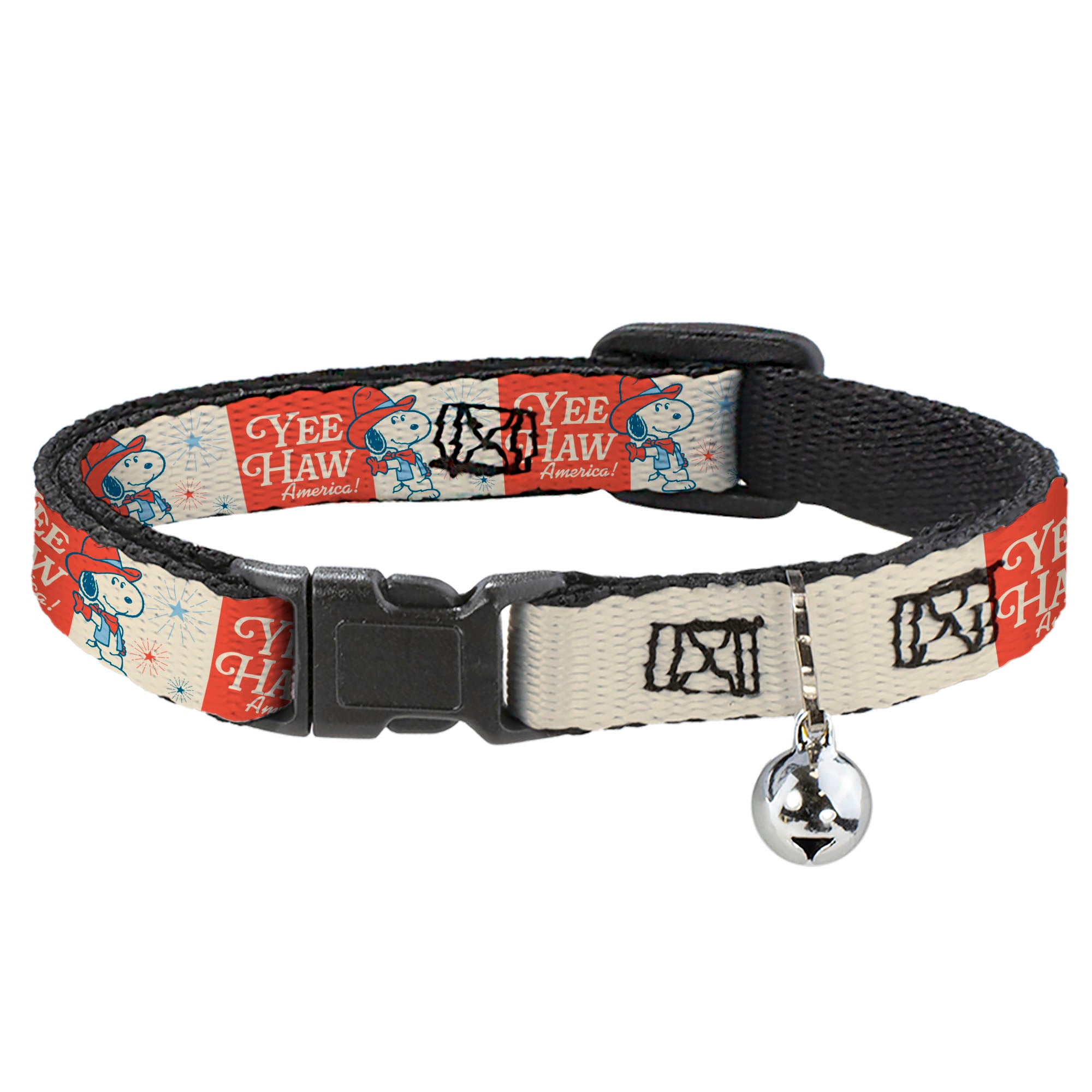 Breakaway Cat Collar with Bell - Peanuts Snoopy YEE HAW AMERICA Pose and Icons Ivory/Blues/Red Breakaway Cat Collars Peanuts