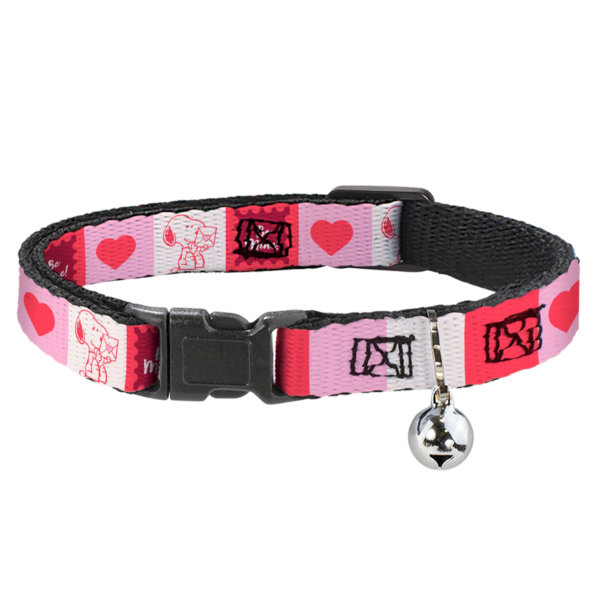 Breakaway Cat Collar with Bell - Peanuts Snoopy BE MINE Valentine Pose and Icons Blocks White/Reds/Pinks Breakaway Cat Collars Peanuts