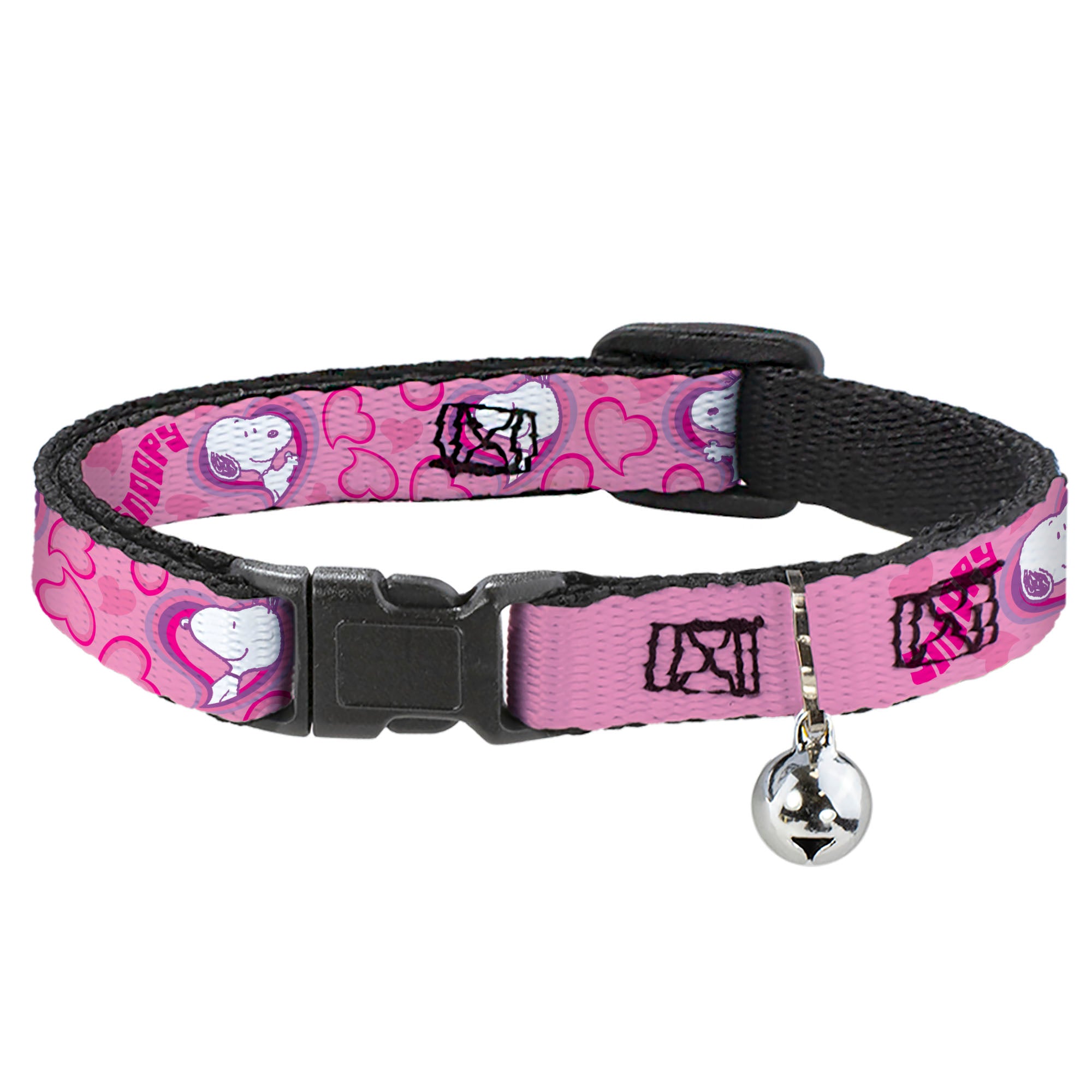 Breakaway Cat Collar with Bell - Peanuts Snoopy Valentine Hearts Pose and Text Pinks/Lavenders Breakaway Cat Collars Peanuts