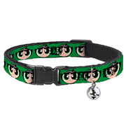 Breakaway Cat Collar with Bell - The Powerpuff Girls Buttercup Face Close-Up Green Breakaway Cat Collars Powerpuff Girls