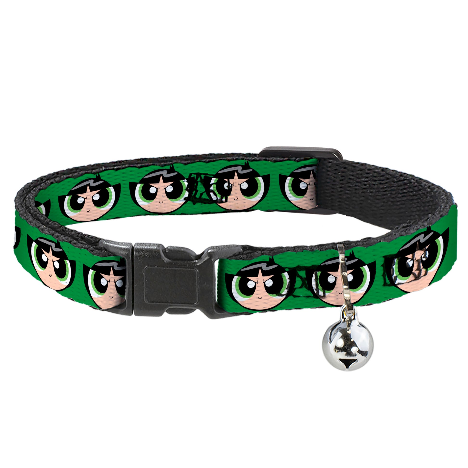 Breakaway Cat Collar with Bell - The Powerpuff Girls Buttercup Face Close-Up Green Breakaway Cat Collars Powerpuff Girls