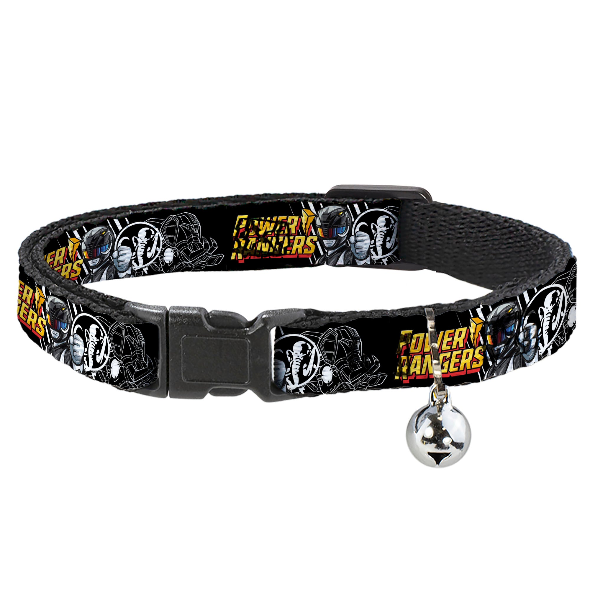 Breakaway Cat Collar with Bell - POWER RANGERS Black Ranger Mastadon Pose and Coin Icon Black