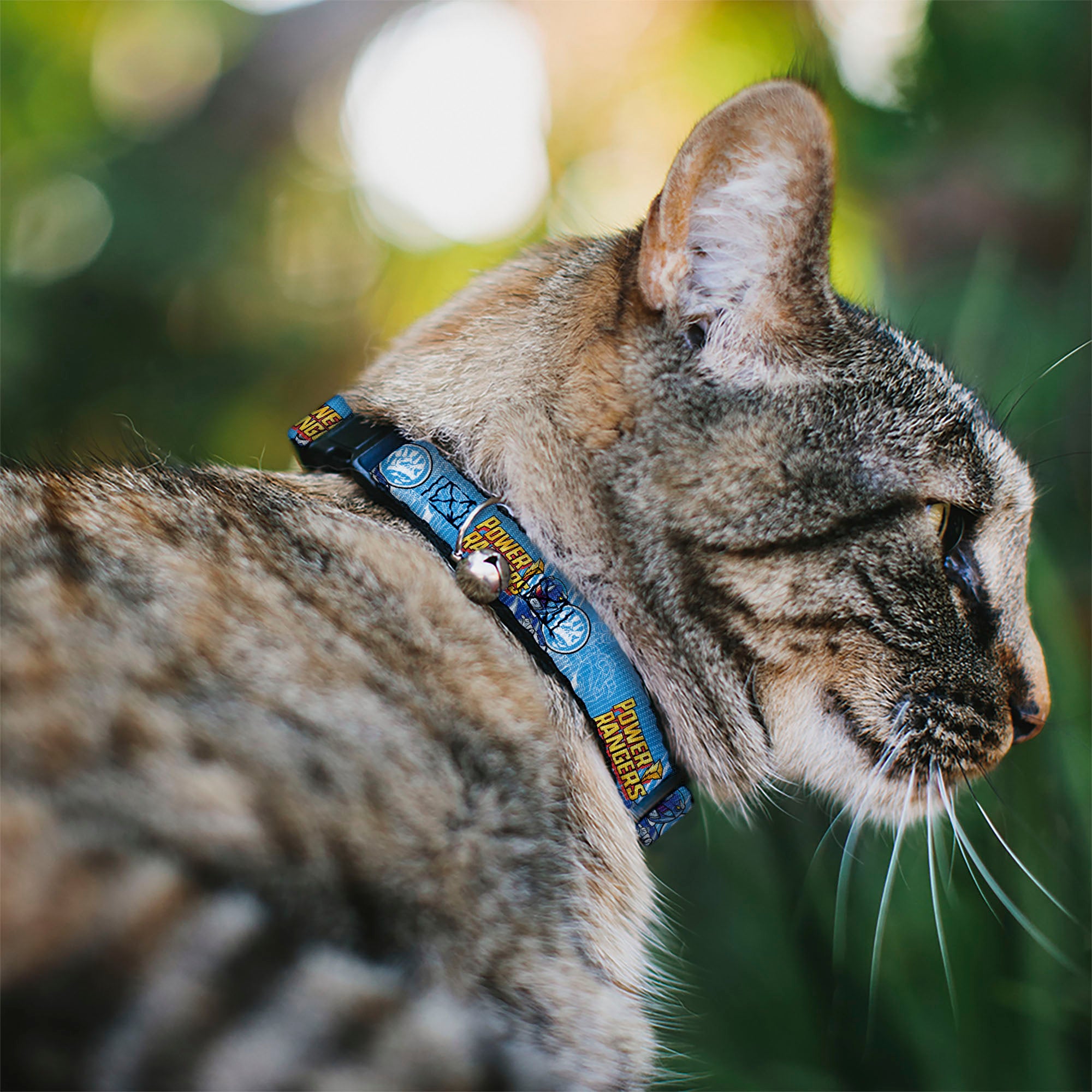 Breakaway Cat Collar with Bell - POWER RANGERS Blue Ranger Triceratops Pose and Coin Icon Light Blue