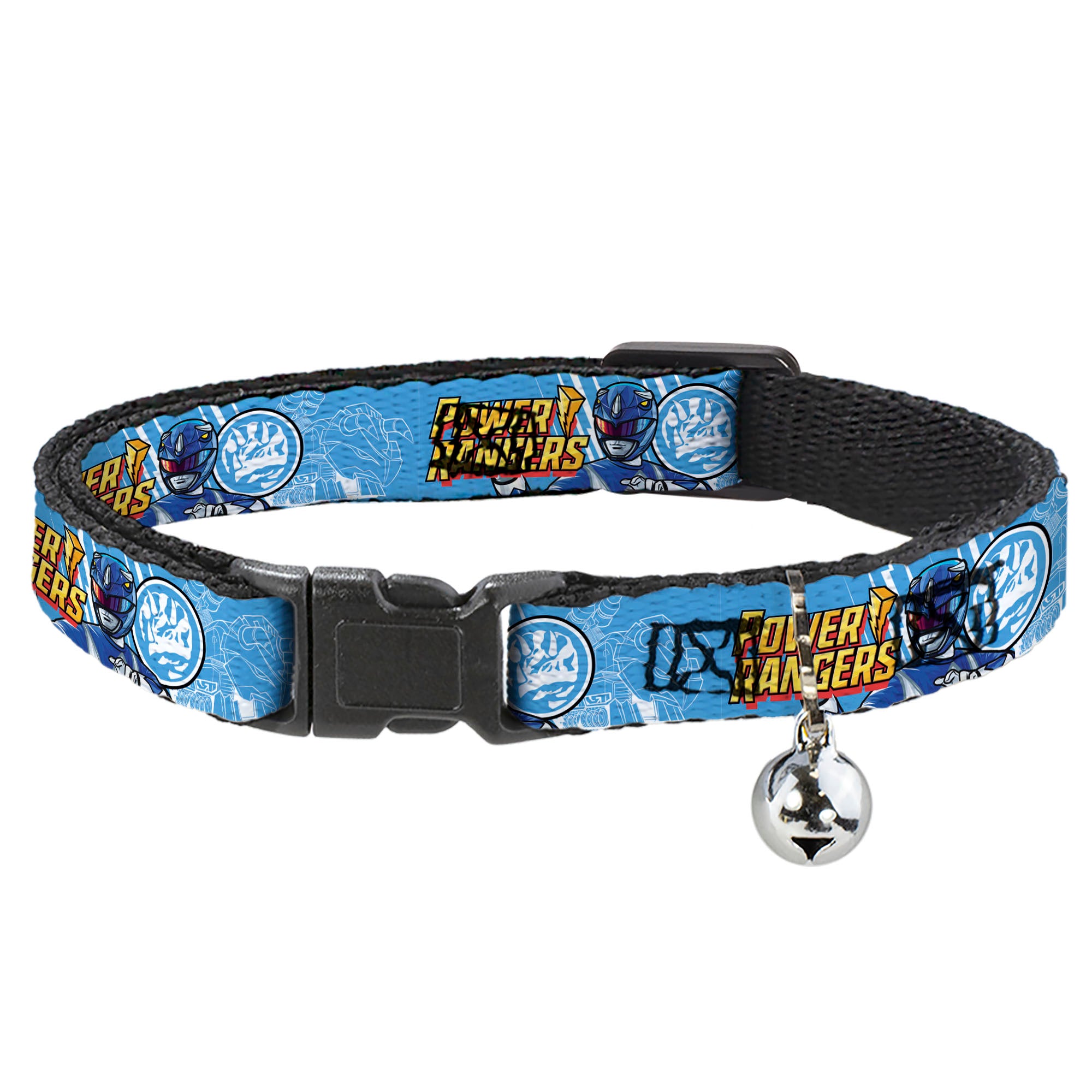 Breakaway Cat Collar with Bell - POWER RANGERS Blue Ranger Triceratops Pose and Coin Icon Light Blue