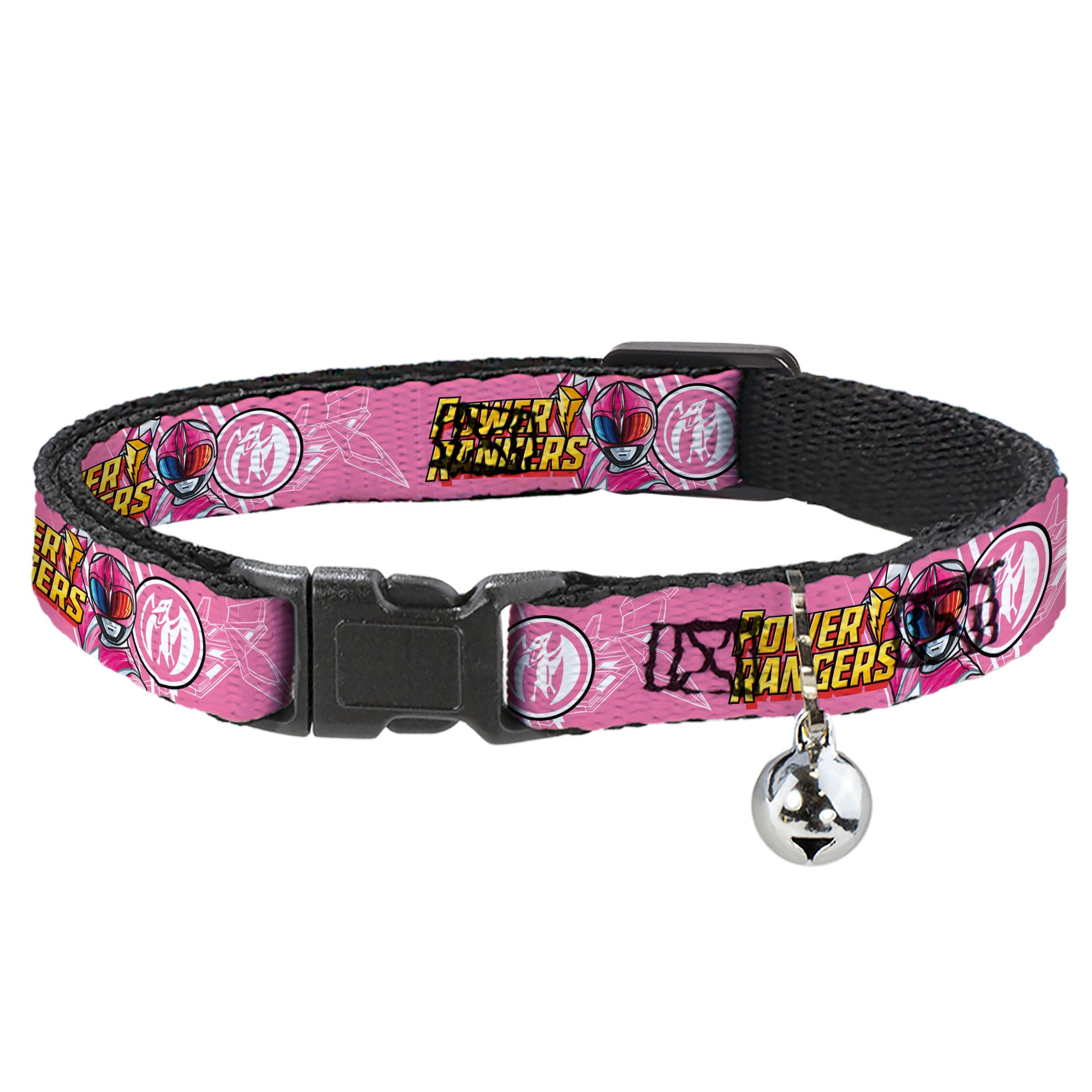 Breakaway Cat Collar with Bell - POWER RANGERS Pink Ranger Pterodactyl Pose and Coin Icon Pink