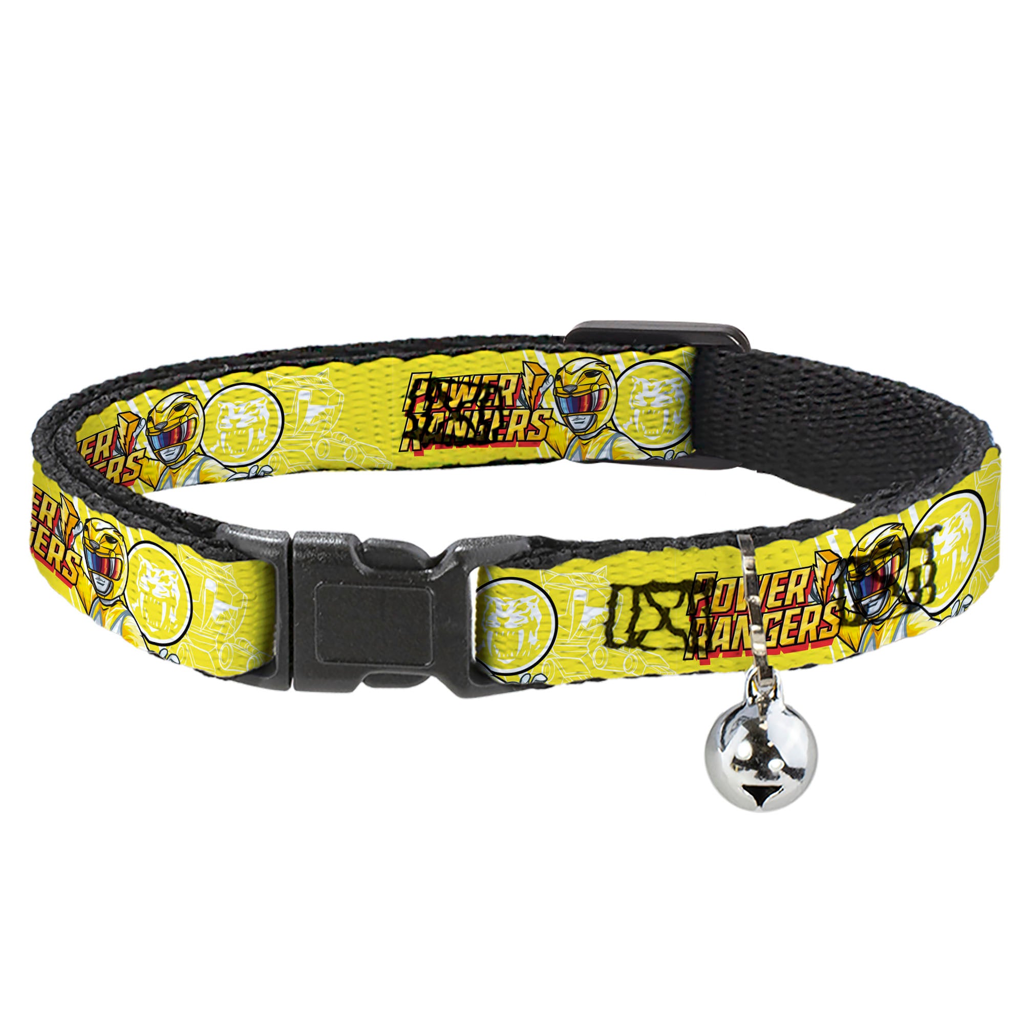 Breakaway Cat Collar with Bell - POWER RANGERS Yellow Ranger Sabertooth Tiger Pose and Coin Icon Yellow