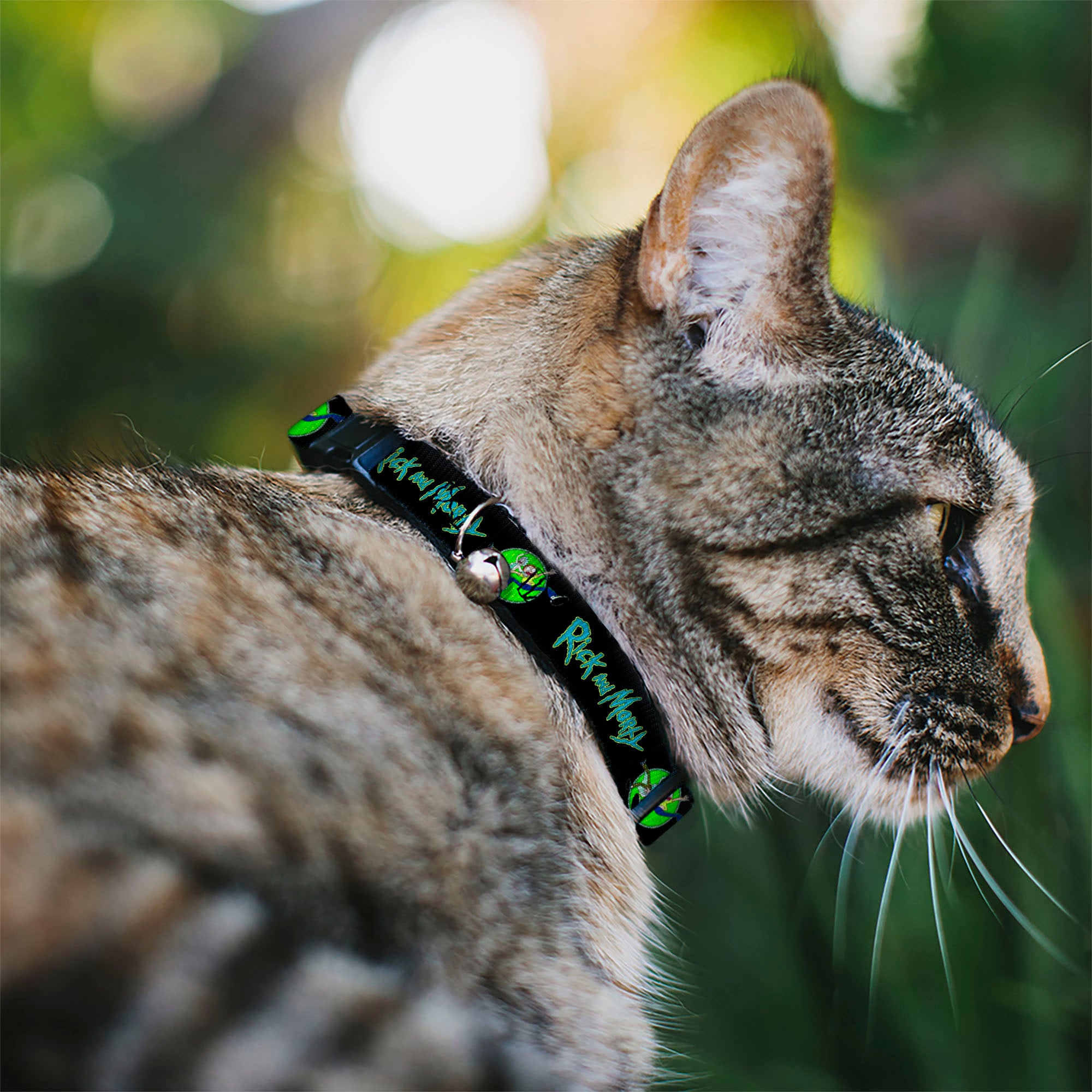 Breakaway Cat Collar with Bell - RICK AND MORTY Title Logo and Portal Pose Black Breakaway Cat Collars Rick and Morty   