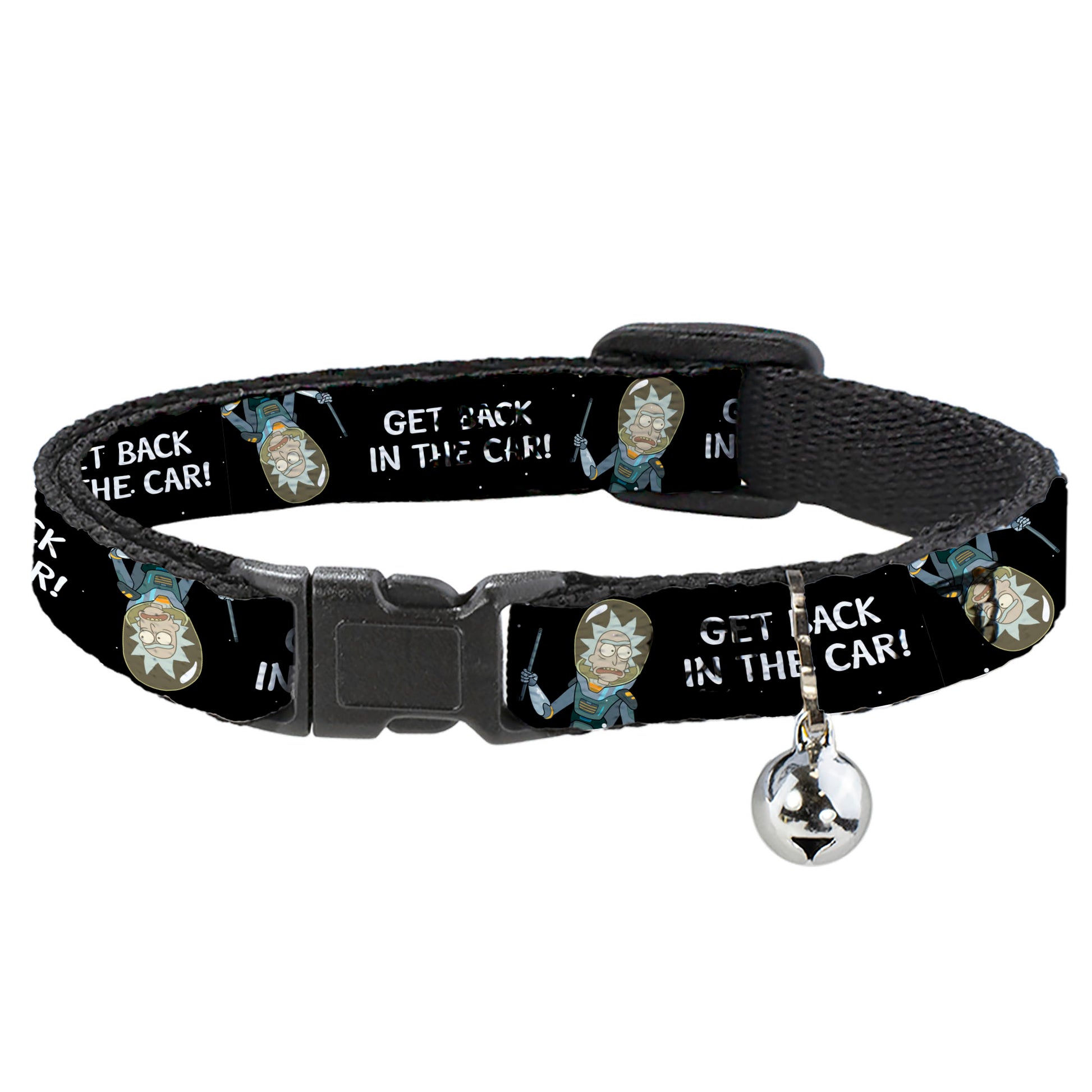 Breakaway Cat Collar with Bell - Rick and Morty Rick GET BACK IN THE CAR Pose Black/White Breakaway Cat Collars Rick and Morty   