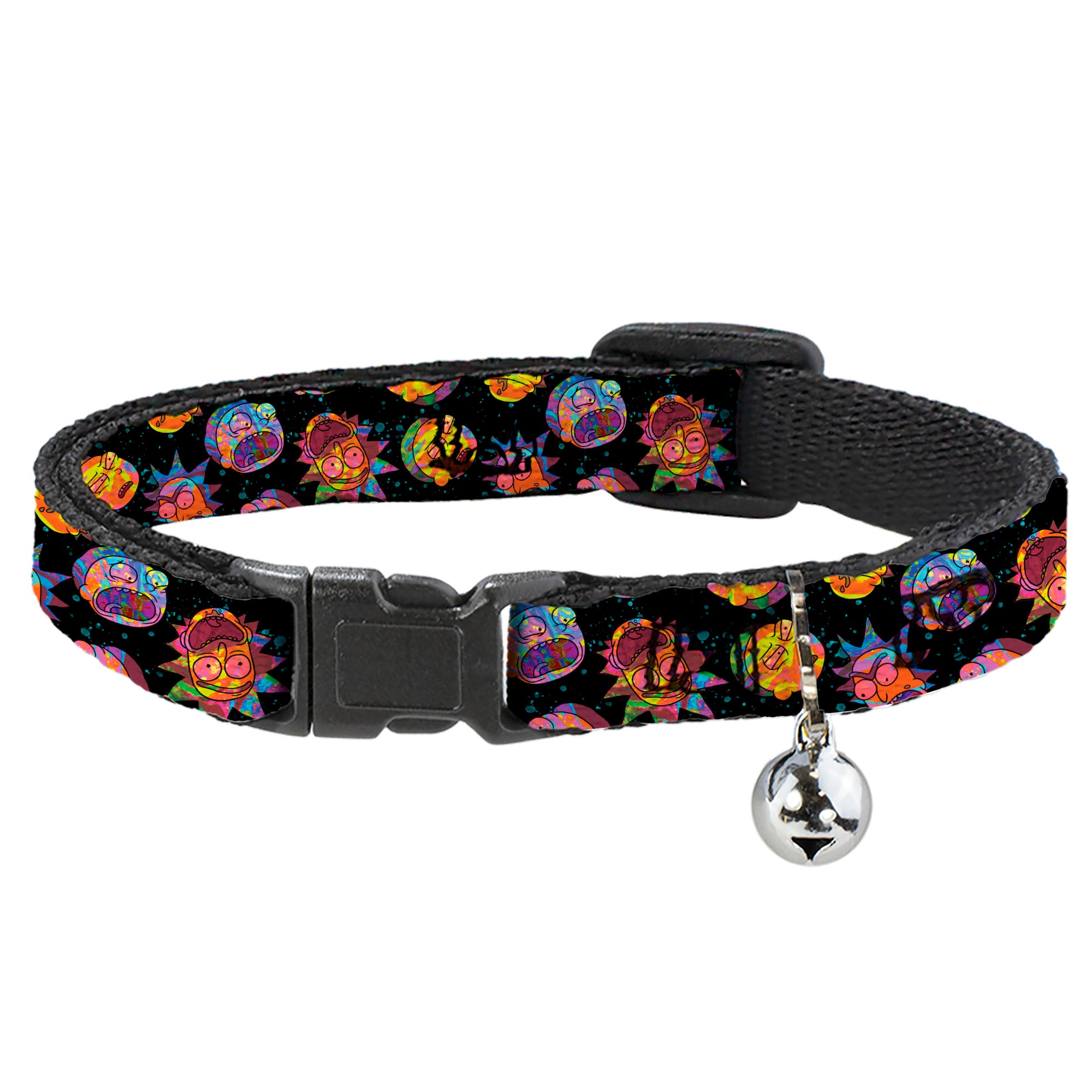 Breakaway Cat Collar with Bell - Rick and Morty Vaporwave Expressions Scattered Black/Multi Color Breakaway Cat Collars Rick and Morty   