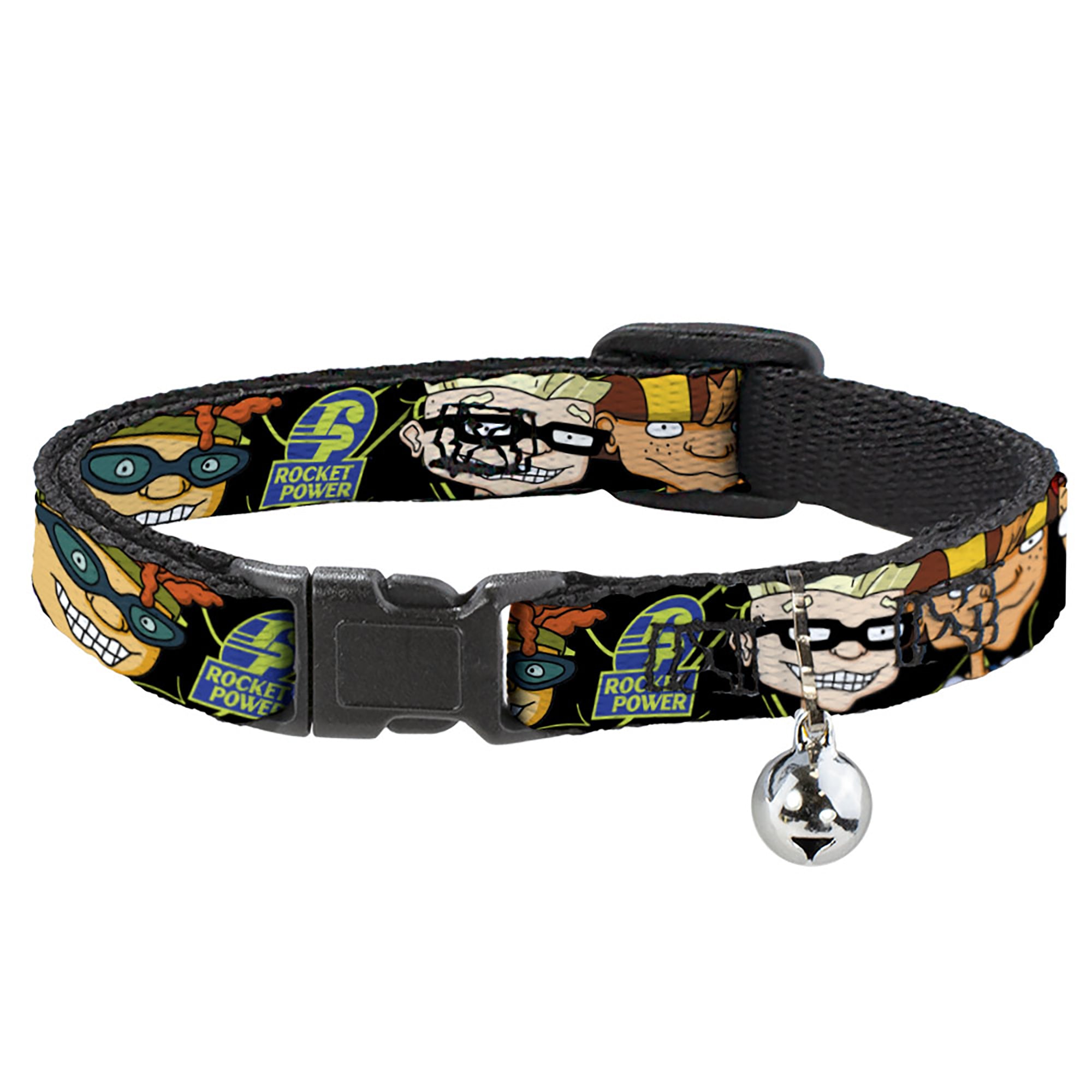 Breakaway Cat Collar with Bell - ROCKET POWER RP Logo/4-Character Faces CLOSE-UP Black/Green/Blue Breakaway Cat Collars Rocket Power