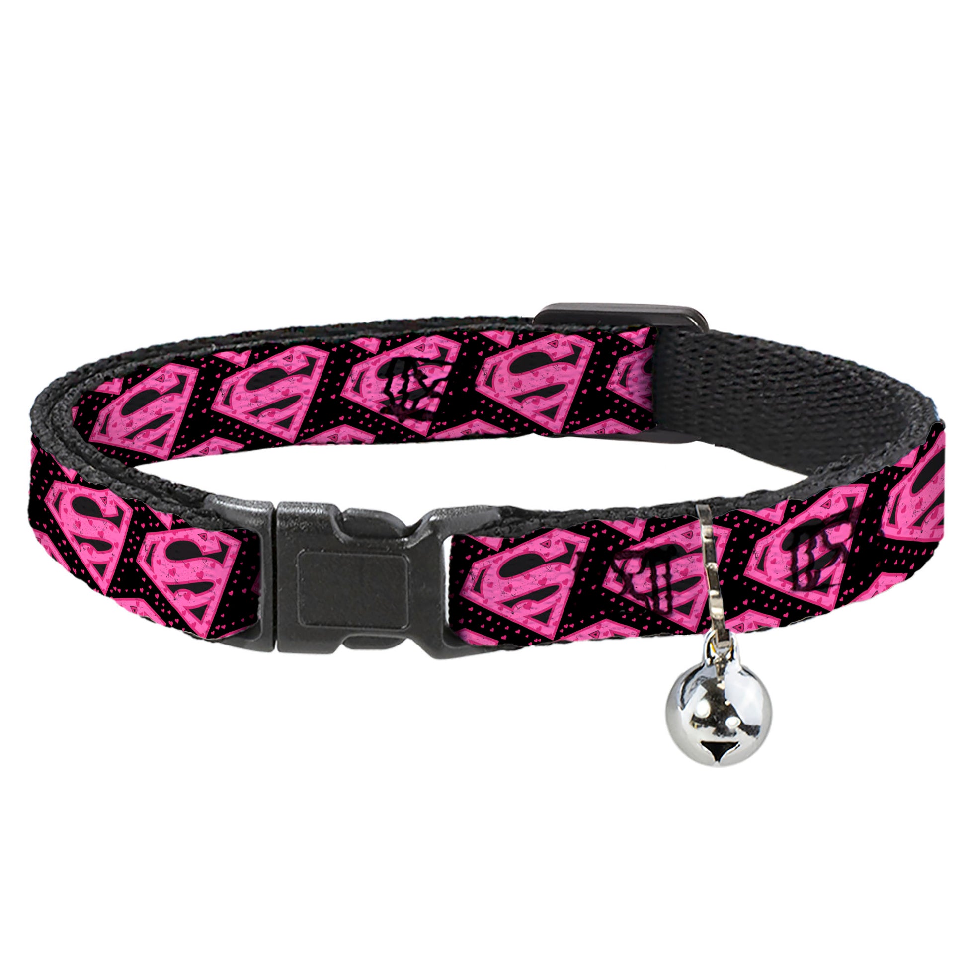 Cat Collar Breakaway - Diagonal Superman Logo w Hearts Black Pink Breakaway Cat Collars DC Comics