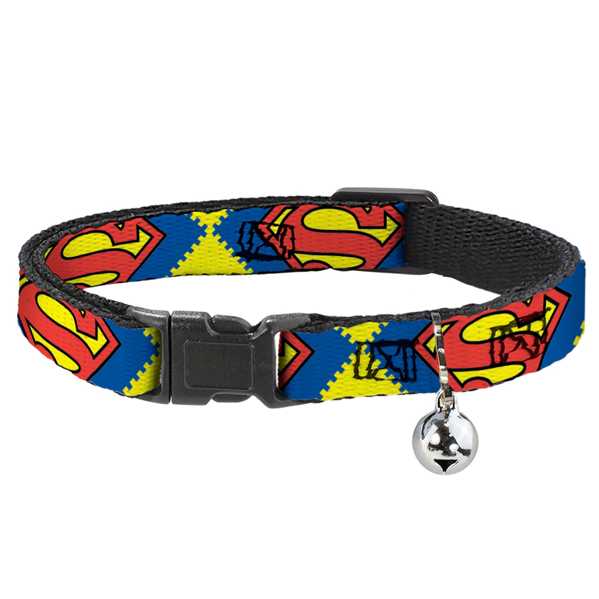 Cat Collar Breakaway - Jagged Superman Shield CLOSE-UP Yellow Blue Red Breakaway Cat Collars DC Comics