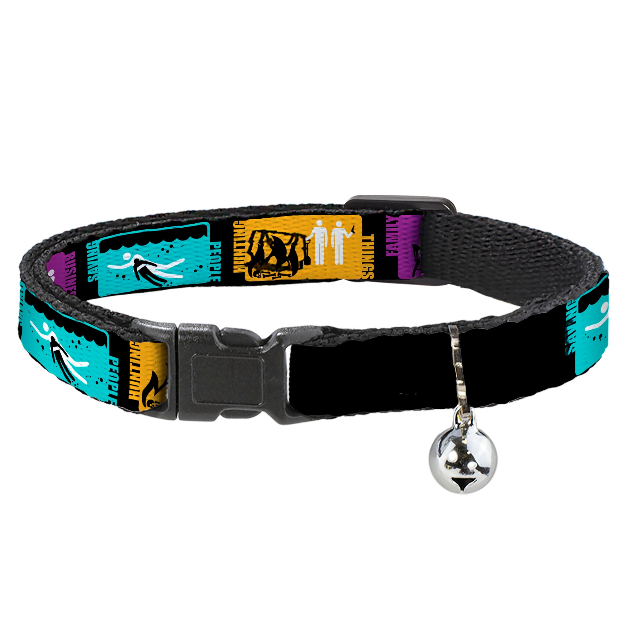 Cat Collar Breakaway - Supernatural SAVING PEOPLE-HUNTING THINGS-FAMILY BUSINESS Blocks Black Teal Gold Purple White Breakaway Cat Collars Supernatural