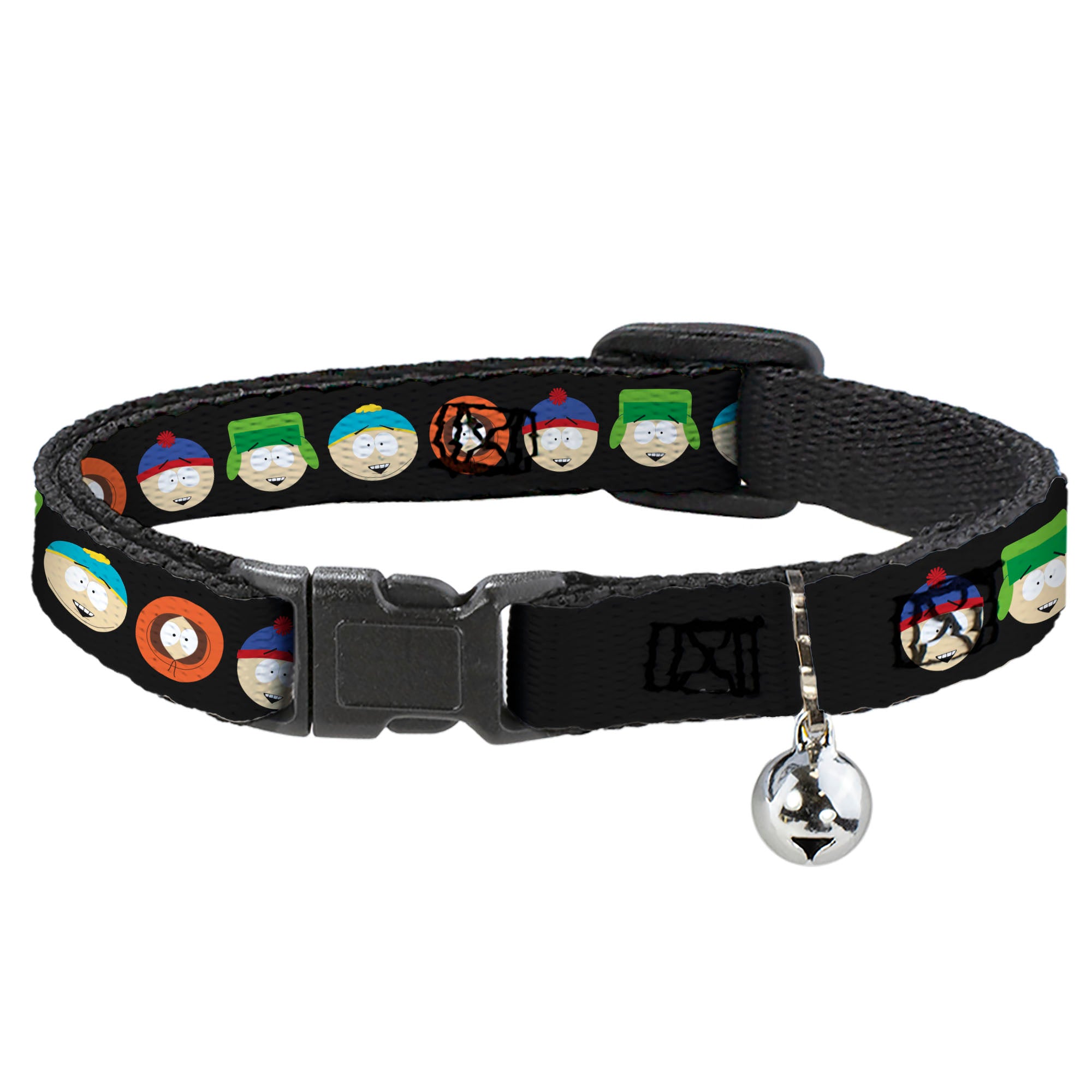 Breakaway Cat Collar with Bell - South Park Boys Face Repeat Black Breakaway Cat Collars South Park