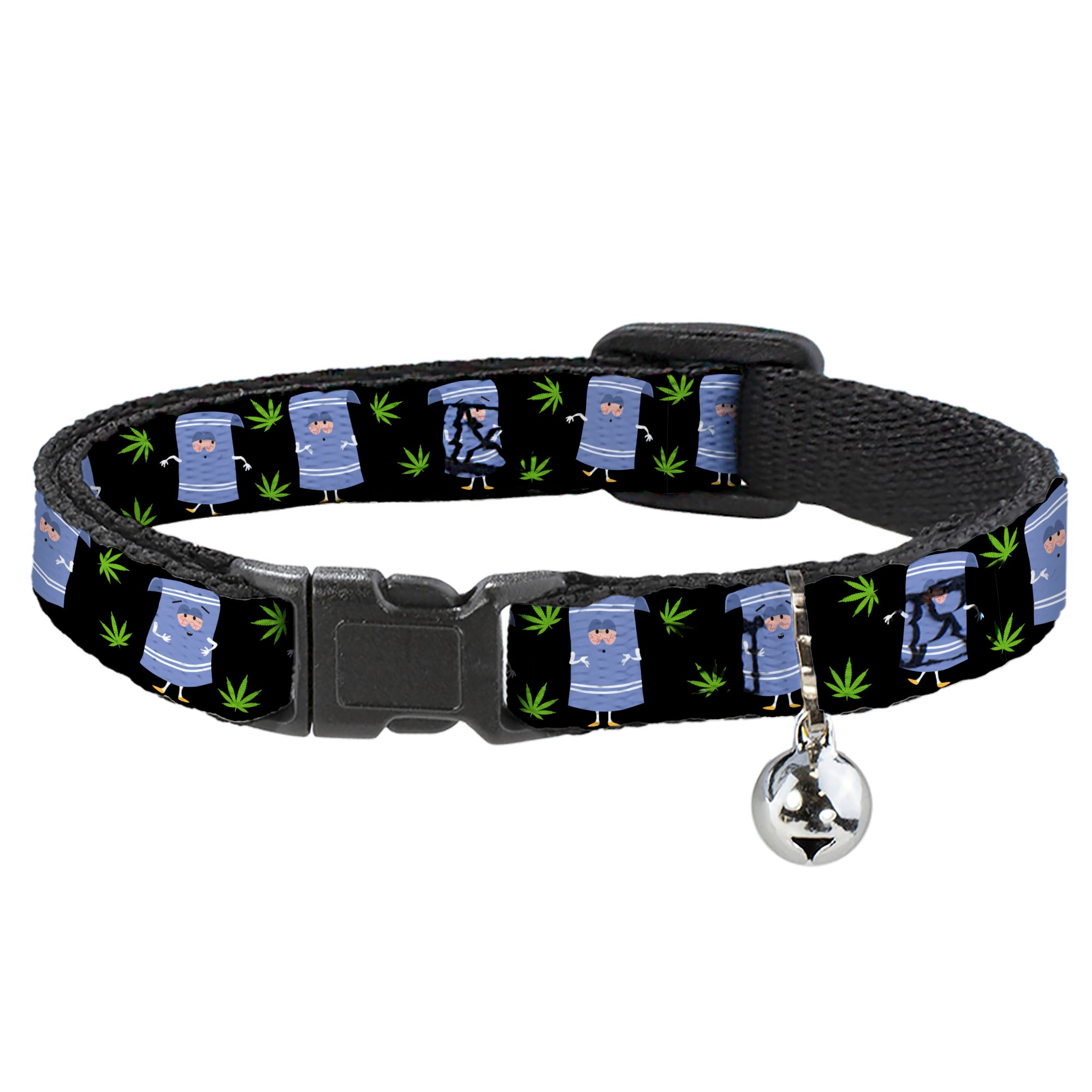 Breakaway Cat Collar with Bell - South Park Towlie and Scattered Pot Leaves Black Breakaway Cat Collars South Park