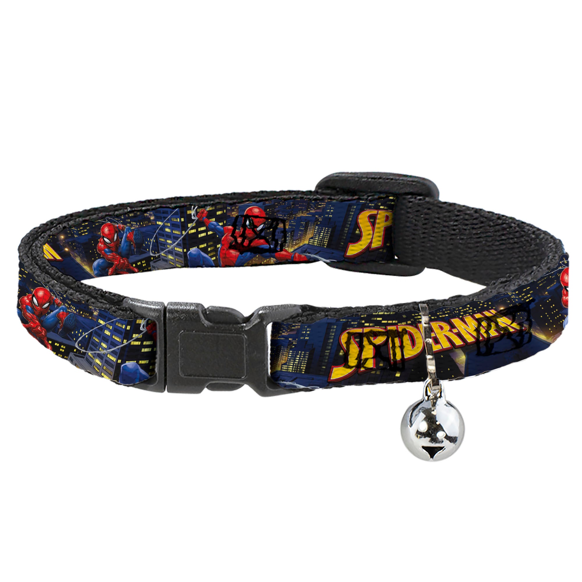 Breakaway Cat Collar with Bell - SPIDER-MAN Title Logo and Action Skyline Poses Breakaway Cat Collars Marvel Comics   