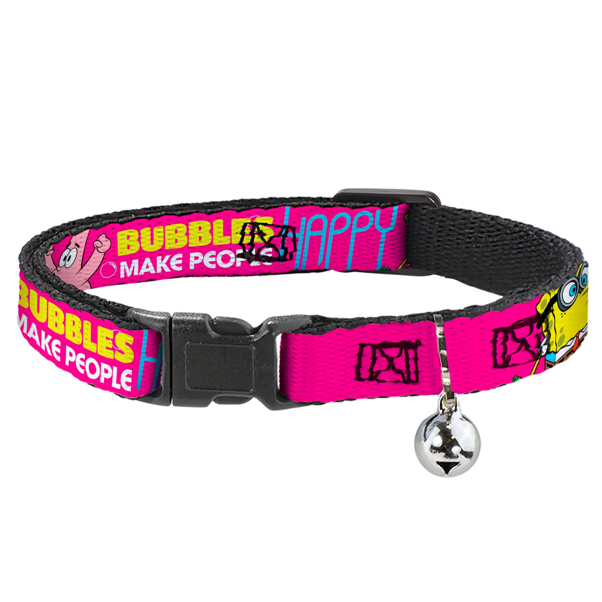 Cat Collar Breakaway with Bell - Patrick Starfish Pose BUBBLES MAKE PEOPLE HAPPY Pink Yellow White Blue Breakaway Cat Collars SpongeBob SquarePants