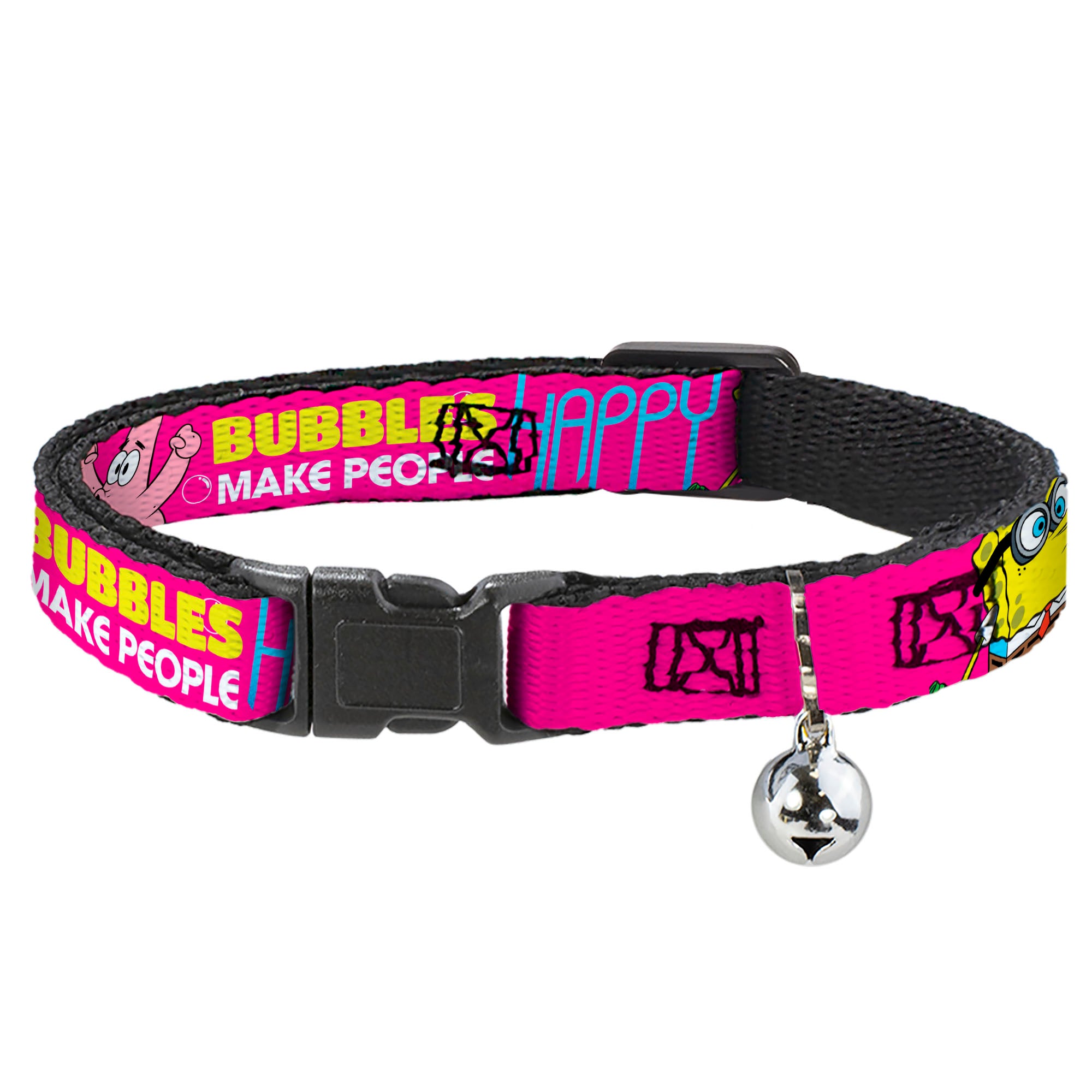 Cat Collar Breakaway with Bell - Patrick Starfish Pose BUBBLES MAKE PEOPLE HAPPY Pink Yellow White Blue Breakaway Cat Collars SpongeBob SquarePants