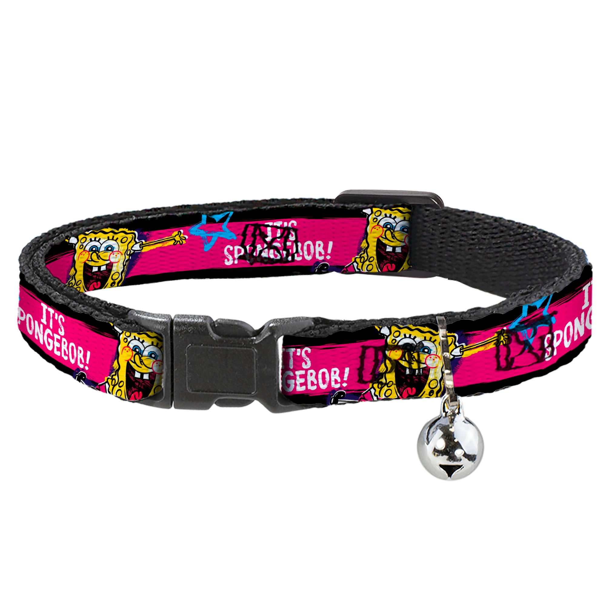 Cat Collar Breakaway with Bell - SpongeBob Pose IT'S SPONGEBOB! Stripe Black Pink Blue White Breakaway Cat Collars SpongeBob SquarePants